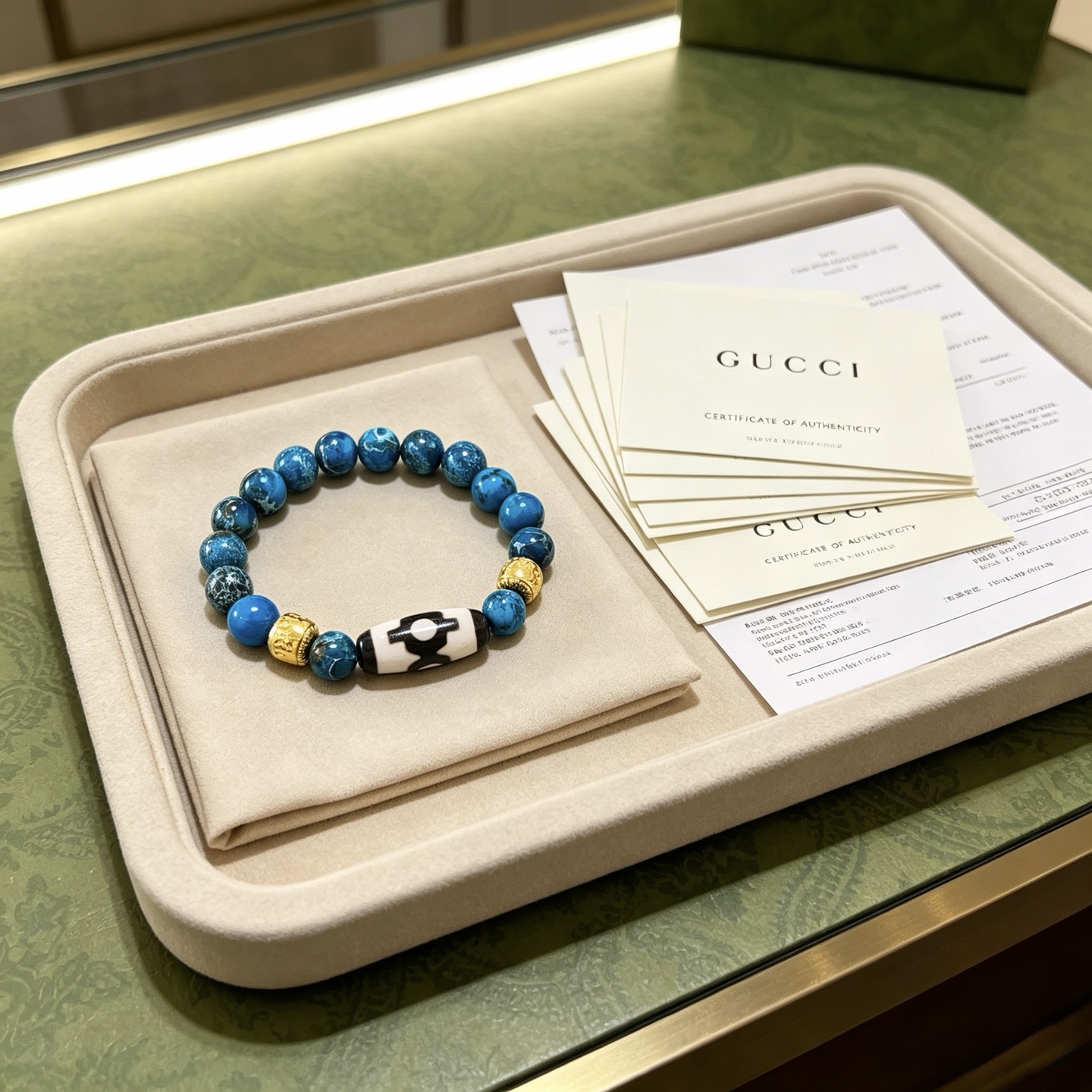 Gucci Anger Forest bracelet Gold-tone metal blue variegated stone beads black and white patterned dzi-style bead 18cm