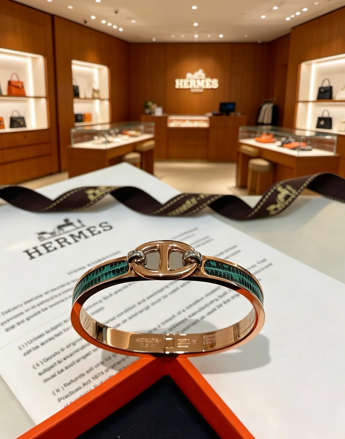 Hermes Mini Clic Chaine d Ancre bracelet Rose gold plated metal with emerald green lizard inlay palladium hardware accents PM