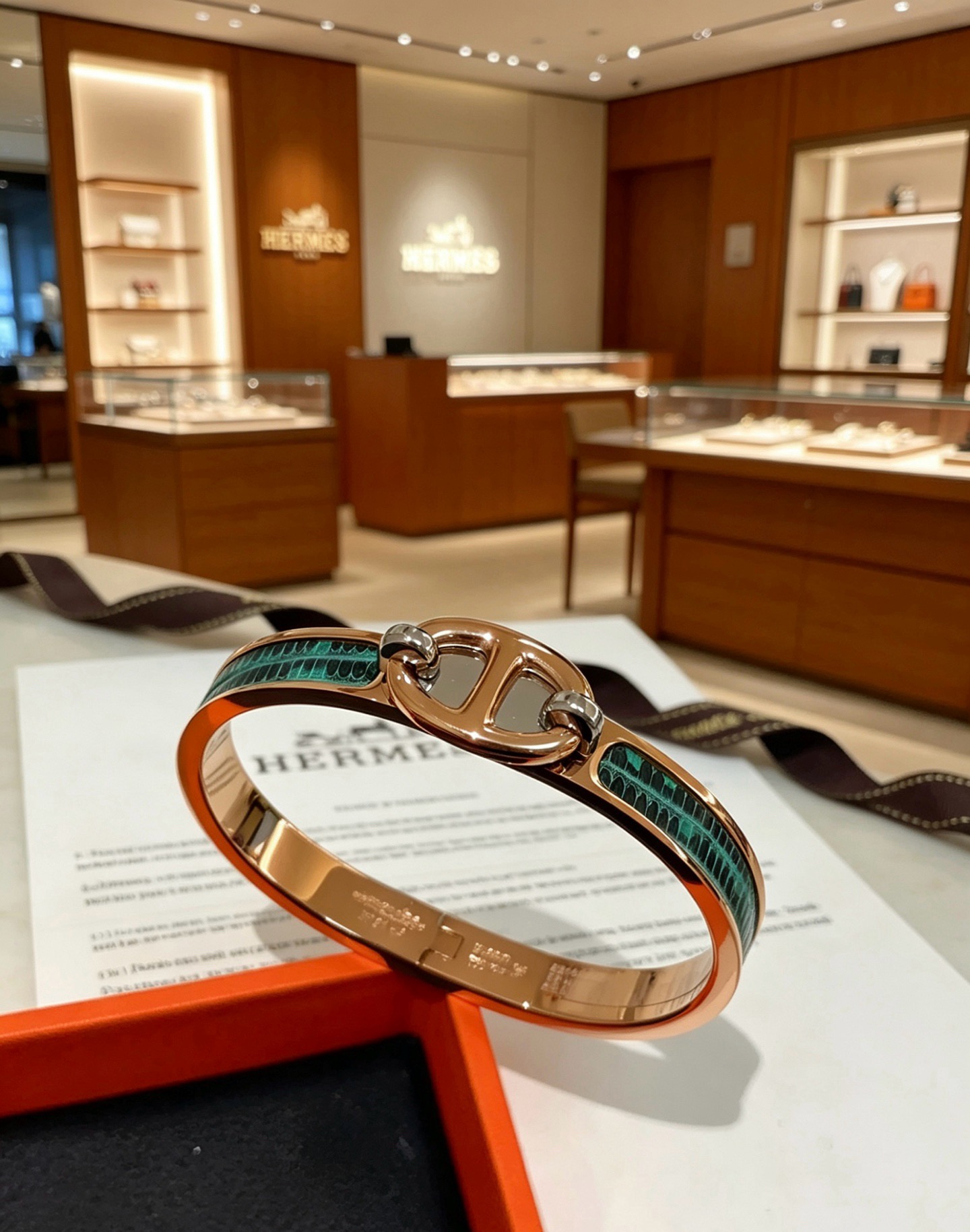 Hermes Mini Clic Chaine d Ancre bracelet Rose gold plated metal with emerald green lizard inlay palladium hardware accents PM