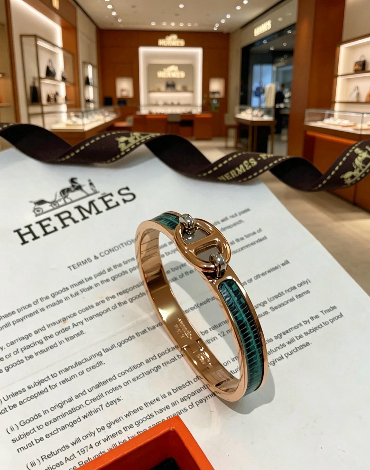 Bracelet Hermes Mini Clic Chaine d'Ancre Métal plaqué or rose avec incrustation de lézard vert émeraude et détails en palladium PM