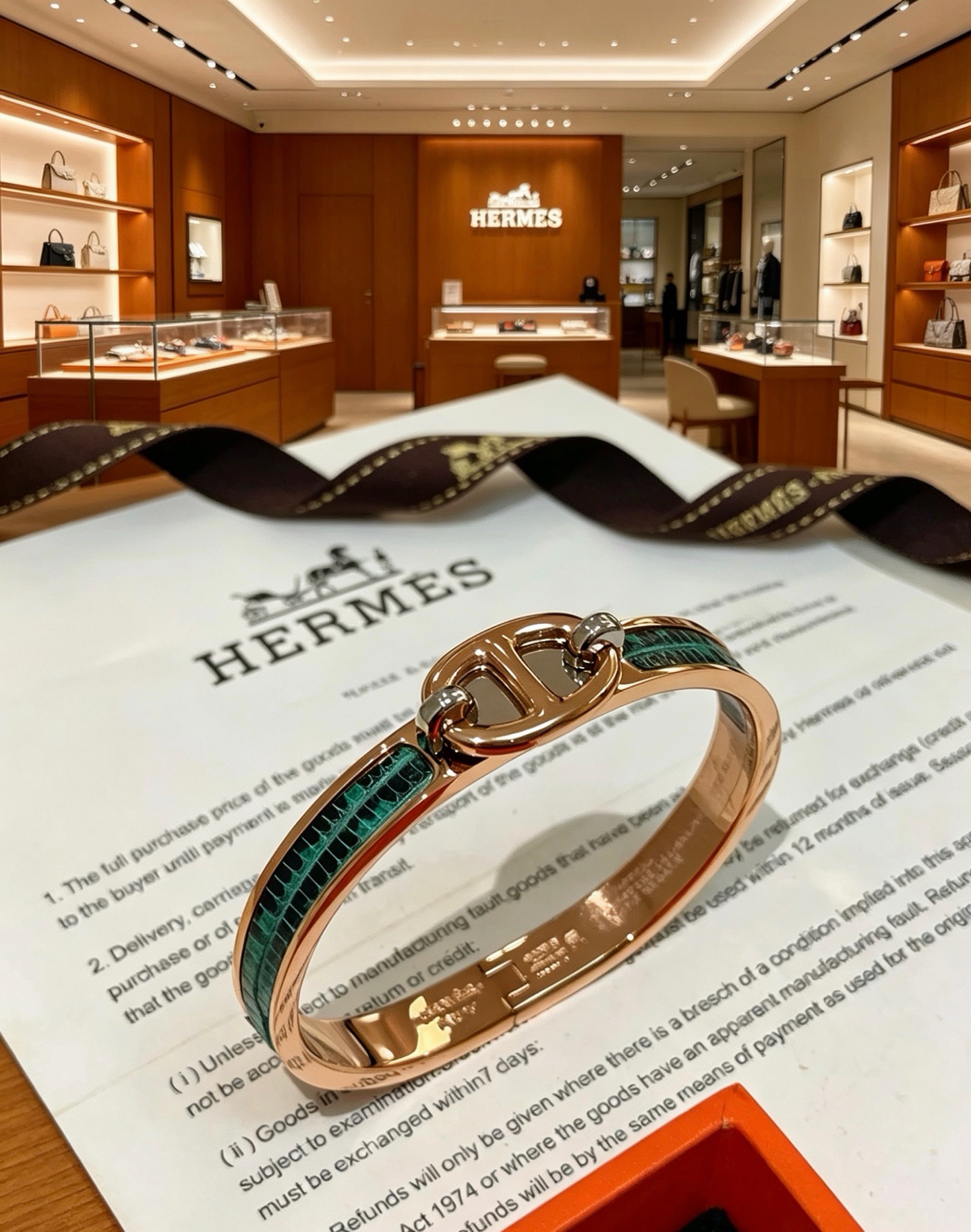 Hermes Mini Clic Chaine d Ancre bracelet Rose gold plated metal with emerald green lizard inlay palladium hardware accents PM