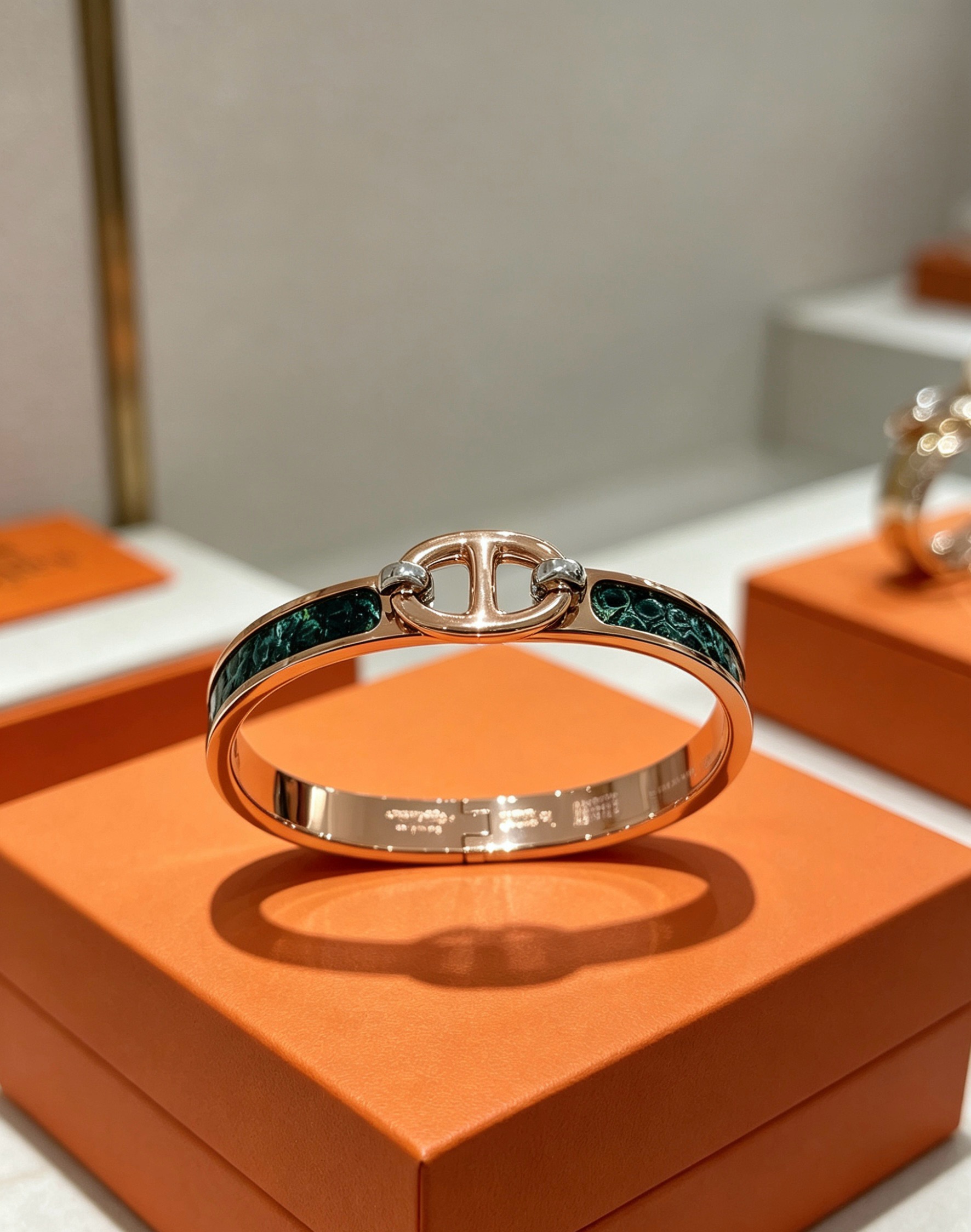 Pulsera Hermes Clic Chaine d Ancre de metal dorado rosa con incrustaciones de malaquita verde oscuro, circunferencia interior de 17 cm