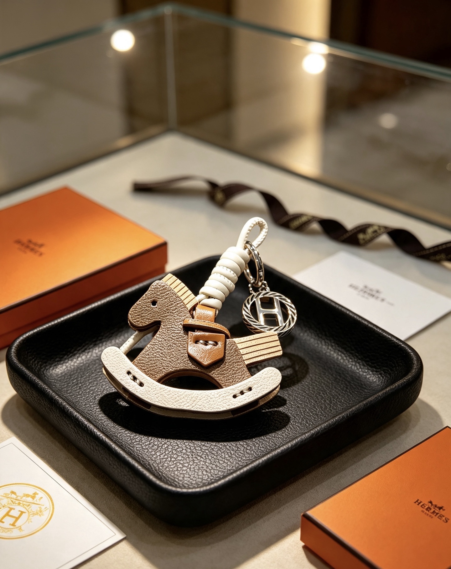 Hermes Rocking Horse H Logo Key Charm pendentif Argent palladium matériel cuir grainé marron cuir blanc crème accents de cuir beige 8 cm longueur totale de la breloque
