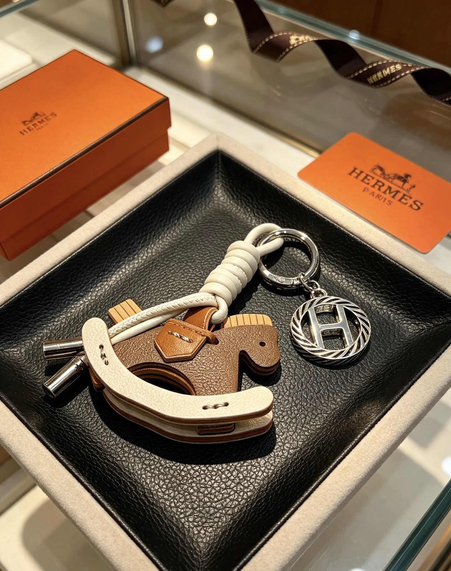 Hermes Rocking Horse H Logo Key Charm pendentif Argent palladium matériel cuir grainé marron cuir blanc crème accents de cuir beige 8 cm longueur totale de la breloque