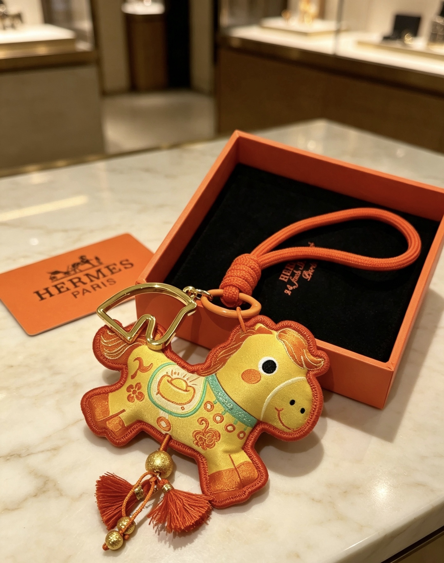 Hermes Año del caballo Colgante Lucky Horse Charm Metal en tono dorado Tela amarilla Tela y ribete naranja Detalles bordados en turquesa Borlas naranjas Longitud de la correa para la muñeca 18 cm