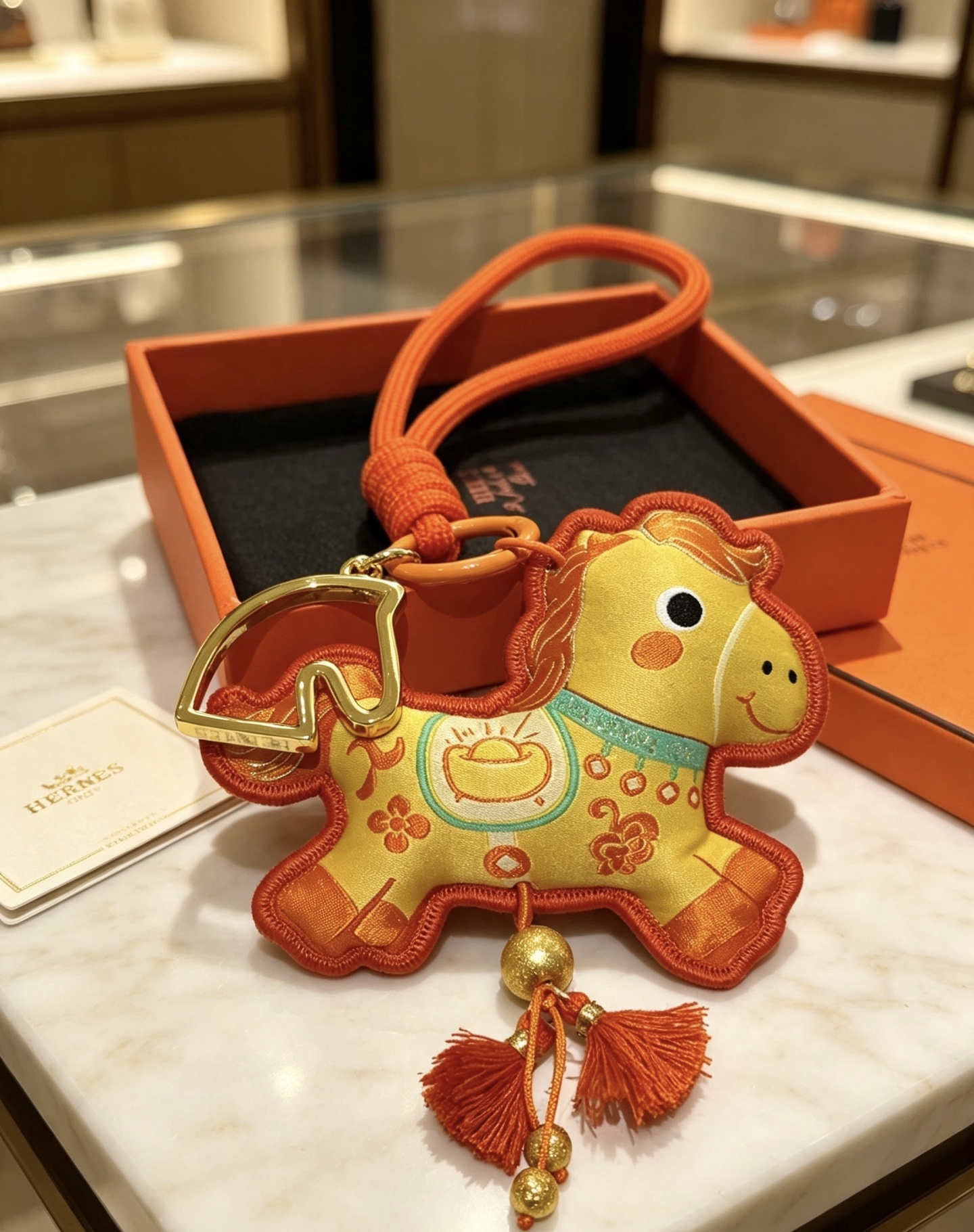 Hermes Año del caballo Colgante Lucky Horse Charm Metal en tono dorado Tela amarilla Tela y ribete naranja Detalles bordados en turquesa Borlas naranjas Longitud de la correa para la muñeca 18 cm
