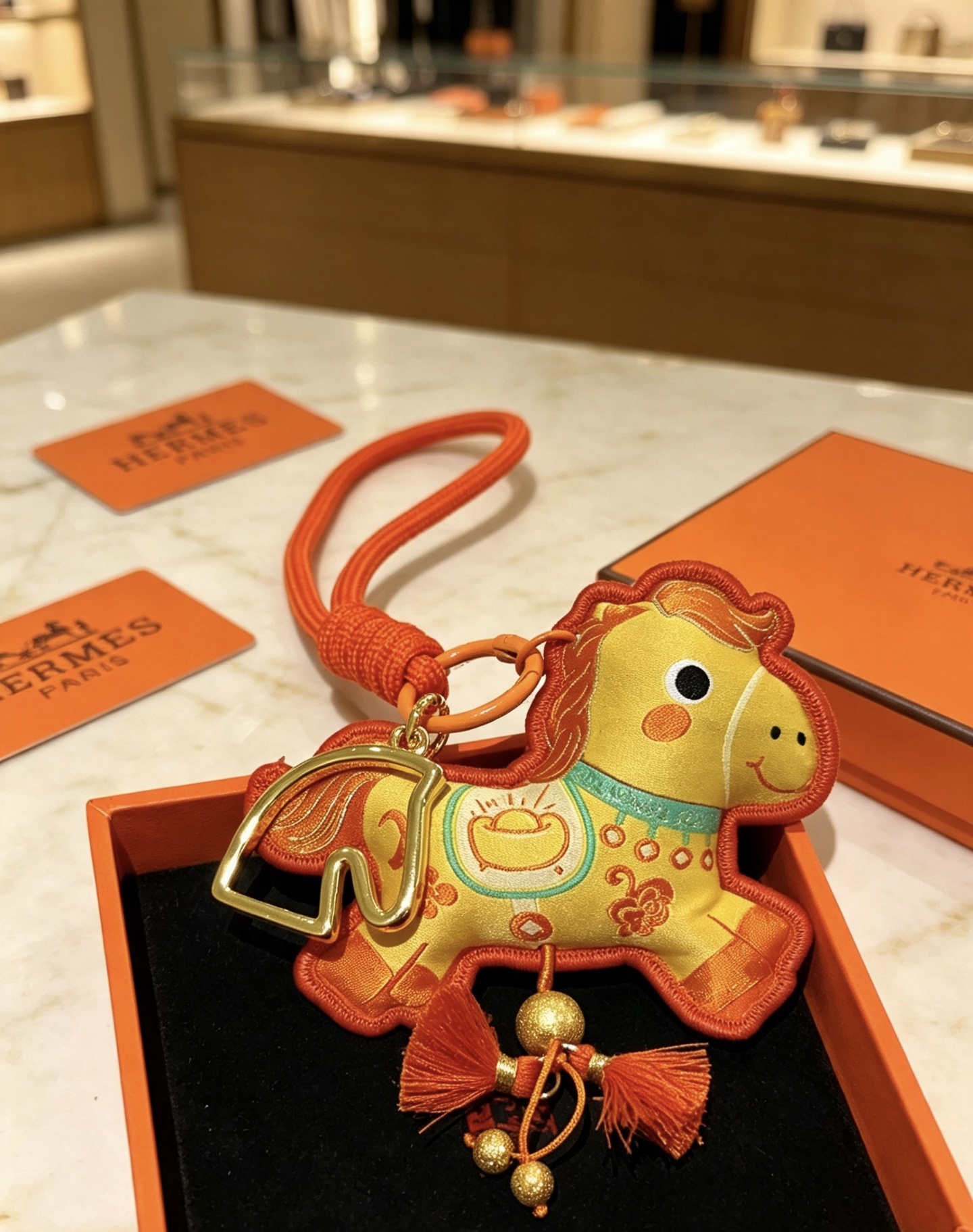 Hermes Año del caballo Colgante Lucky Horse Charm Metal en tono dorado Tela amarilla Tela y ribete naranja Detalles bordados en turquesa Borlas naranjas Longitud de la correa para la muñeca 18 cm
