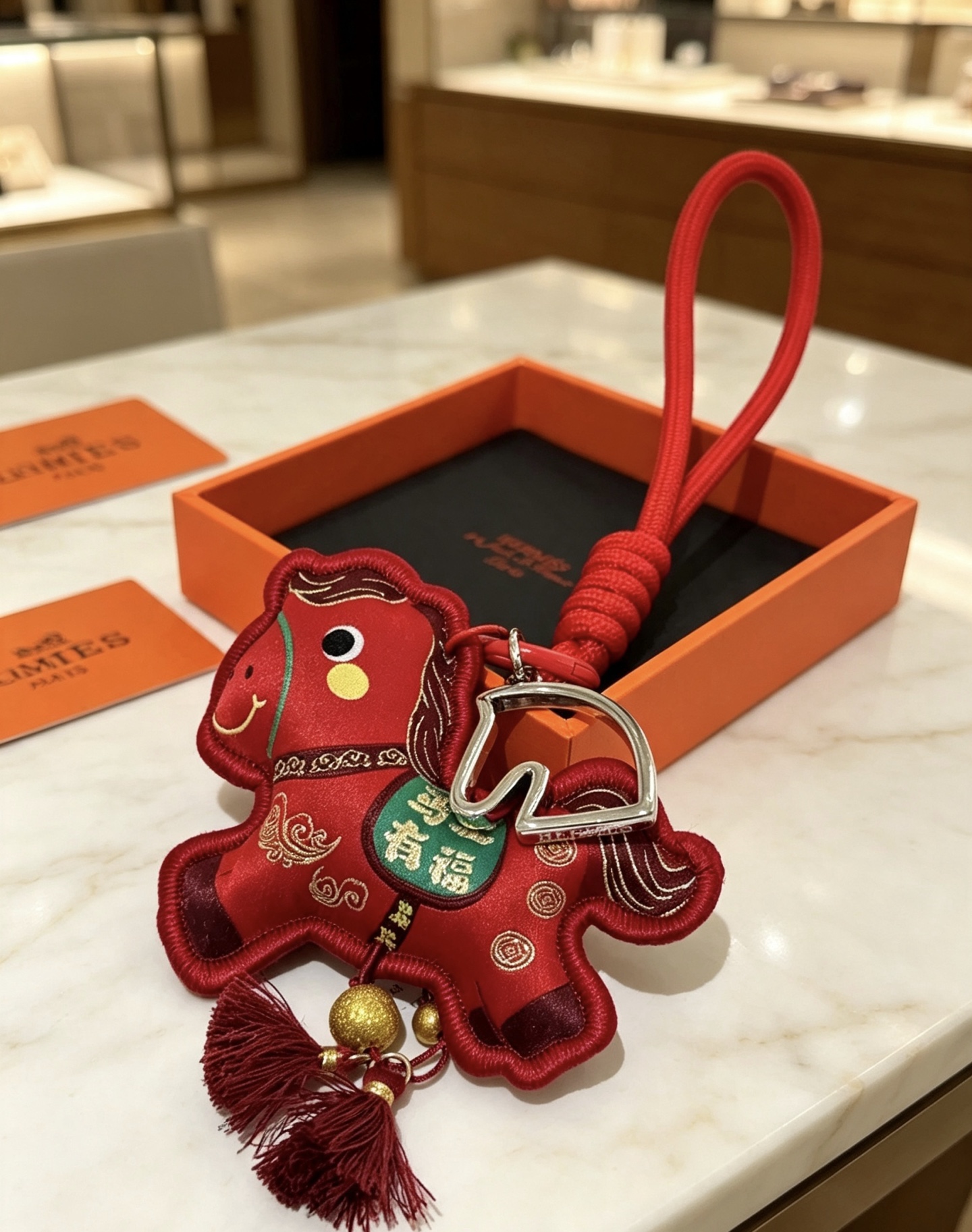 Hermes Horse Charm pendant Red fabric with silver-tone metal hardware gold decorative beads burgundy tassels green embroidered accent 12cm total length