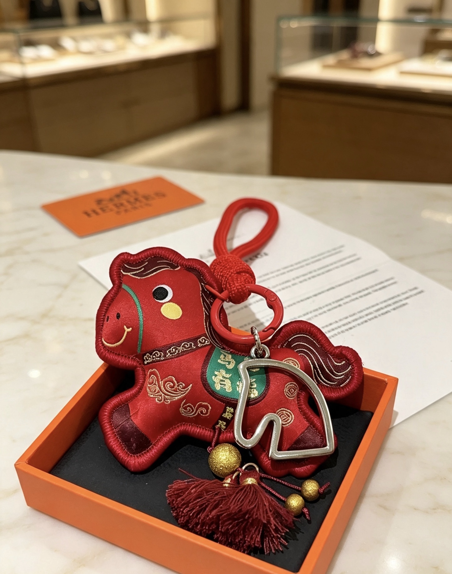 Hermes Horse Charm pendant Red fabric with silver-tone metal hardware gold decorative beads burgundy tassels green embroidered accent 12cm total length
