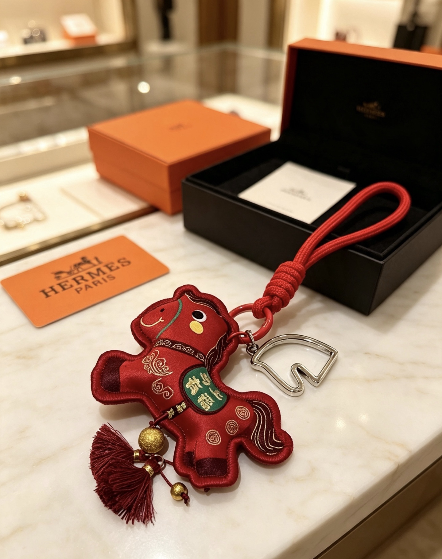 Hermes Horse Charm pendant Red fabric with silver-tone metal hardware gold decorative beads burgundy tassels green embroidered accent 12cm total length