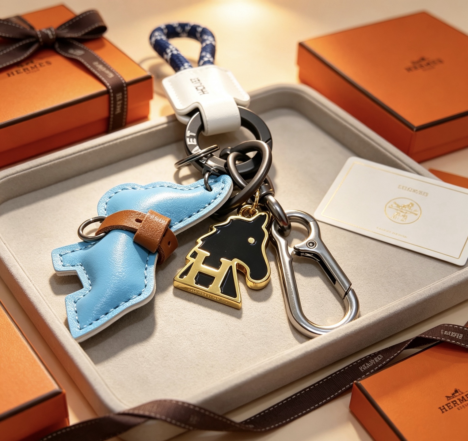 Hermes Cheval Horse Charm Keychain pendant Light blue leather brown leather white leather navy blue braided cord gunmetal hardware silver hardware gold-tone metal with black enamel 10cm total length