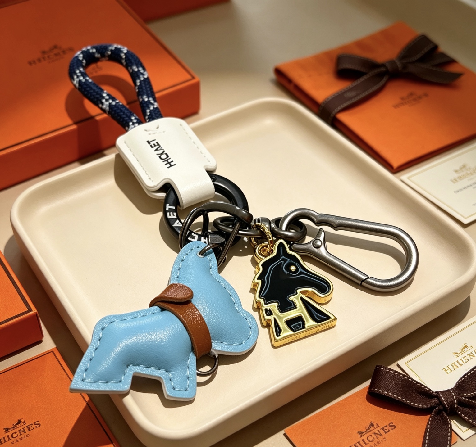 Hermes Cheval Horse Charm Keychain pendant Light blue leather brown leather white leather navy blue braided cord gunmetal hardware silver hardware gold-tone metal with black enamel 10cm total length