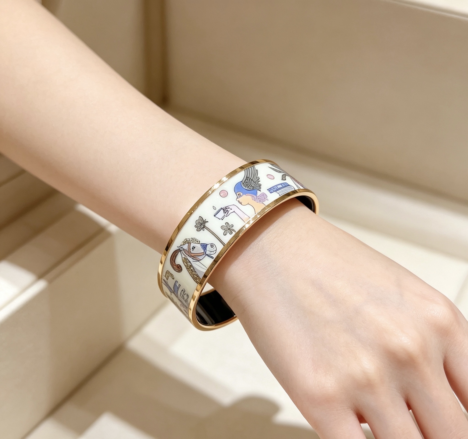 Hermes Clic Clac H Enamel Bangle bracelet Gold plated metal cream enamel with multicolor whimsical print black enamel interior 20mm width