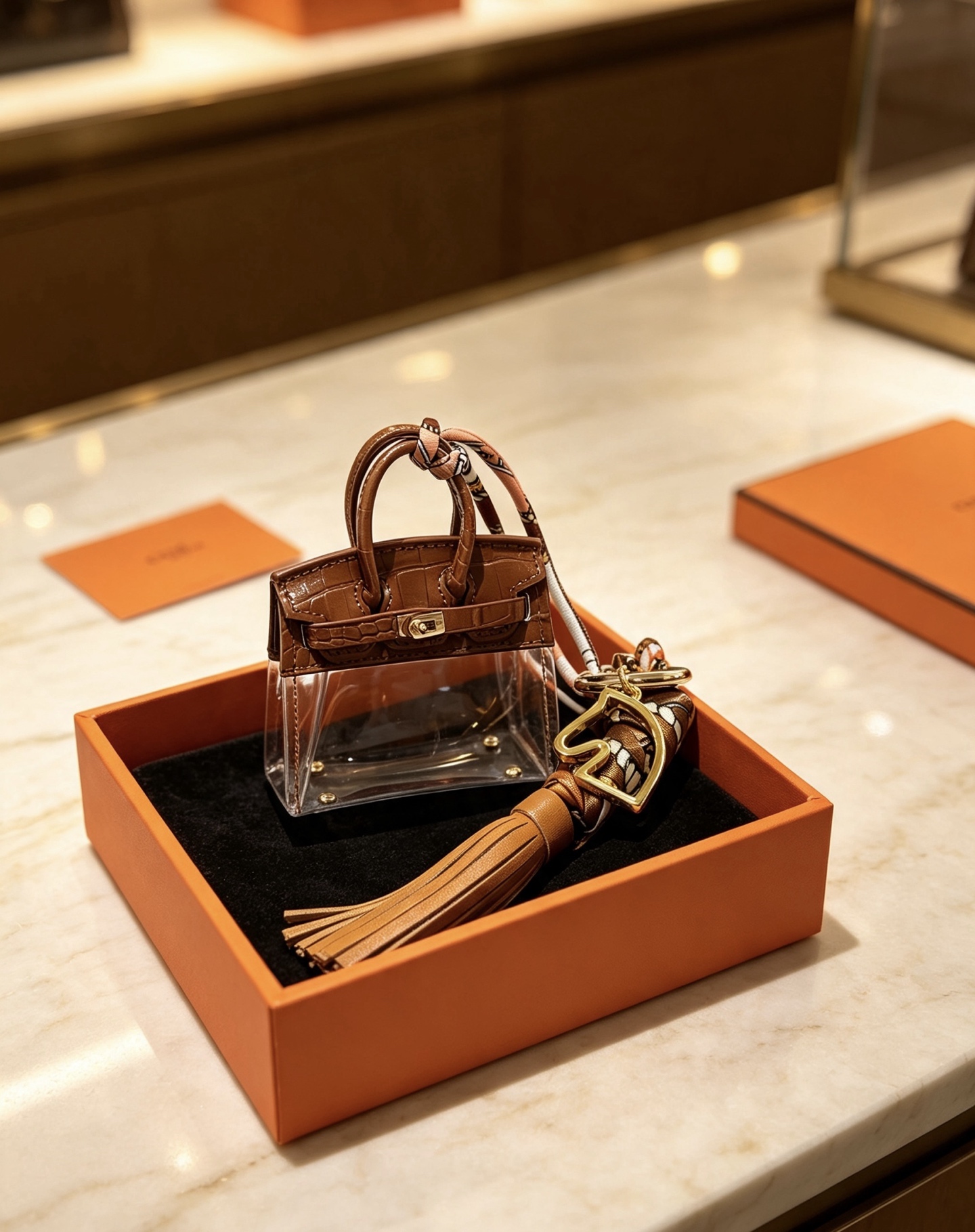 Hermes Birkin Micro Bag Charm pingente dourado metal marrom couro com relevo de crocodilo transparente PVC borla de couro bronzeado multicolorido estampado sarja de seda 12 cm de comprimento total