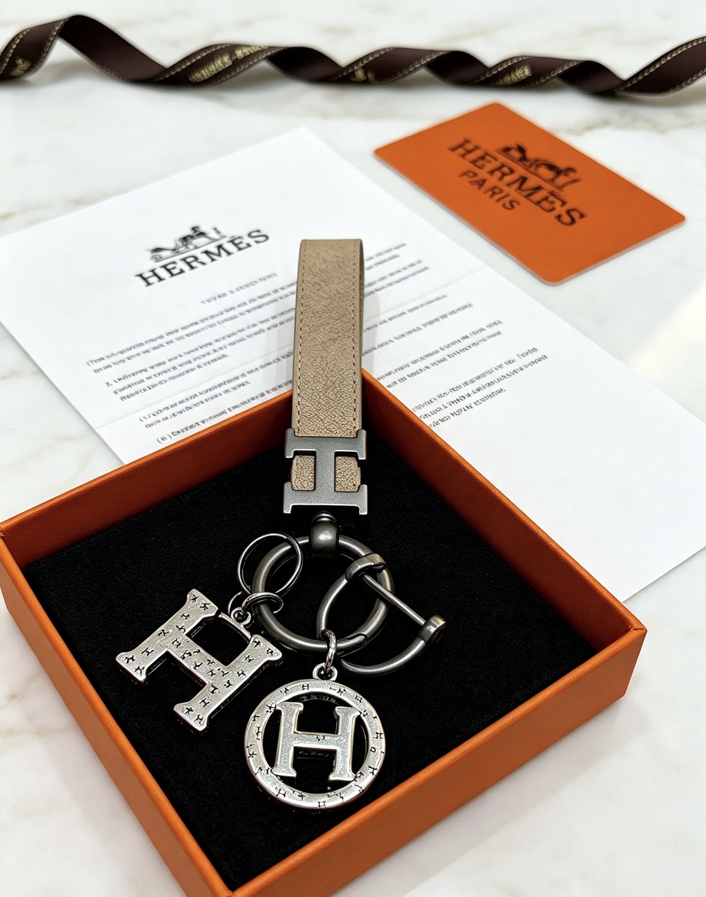 Hermes H Logo Charm Keychain pendant Etoupe taupe leather gunmetal silver-tone metal 10cm total length