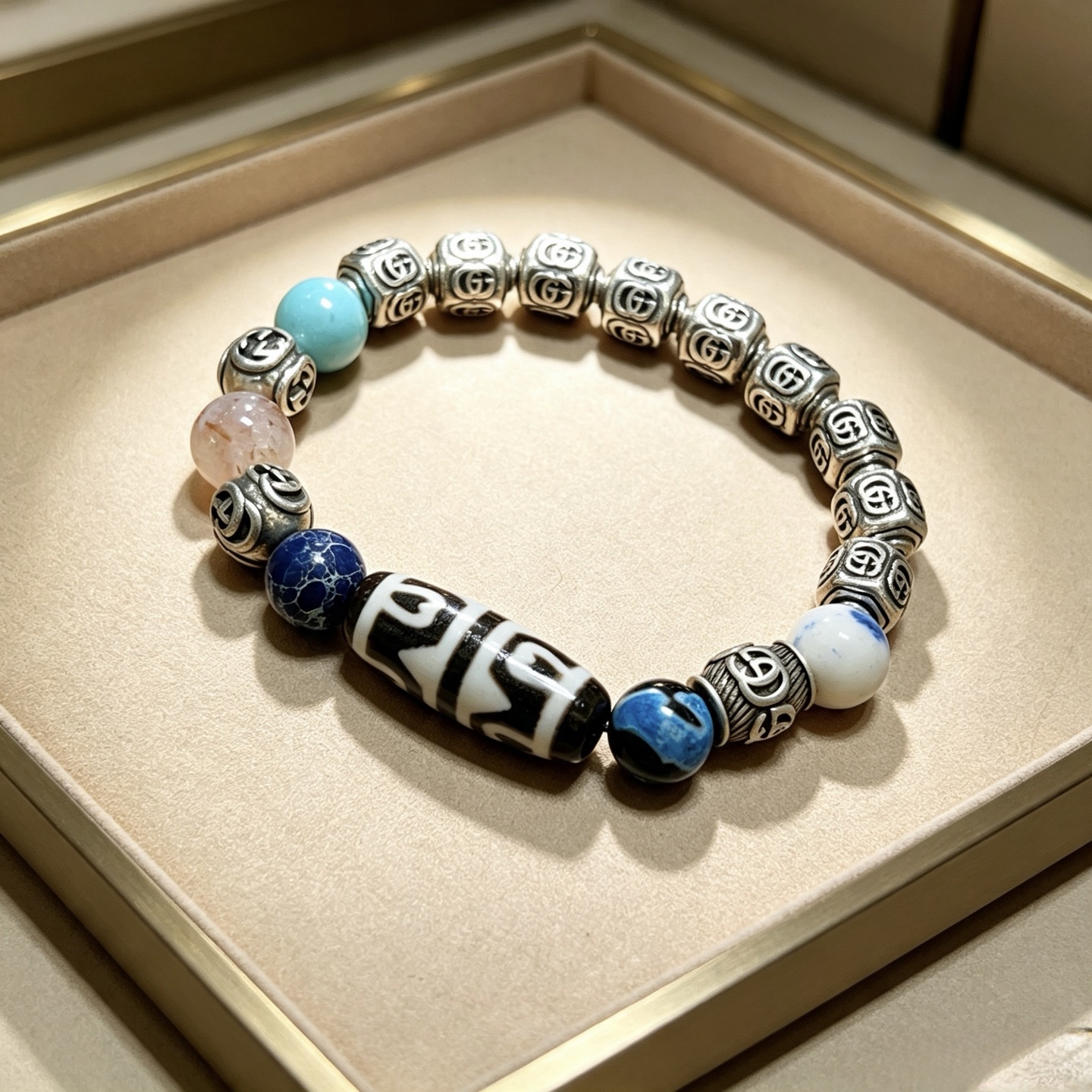 Gucci Anger Forest bracelet Aged silver metal with turquoise blue pale pink dark blue black-white blue-black white-blue multi-stone beads 18cm