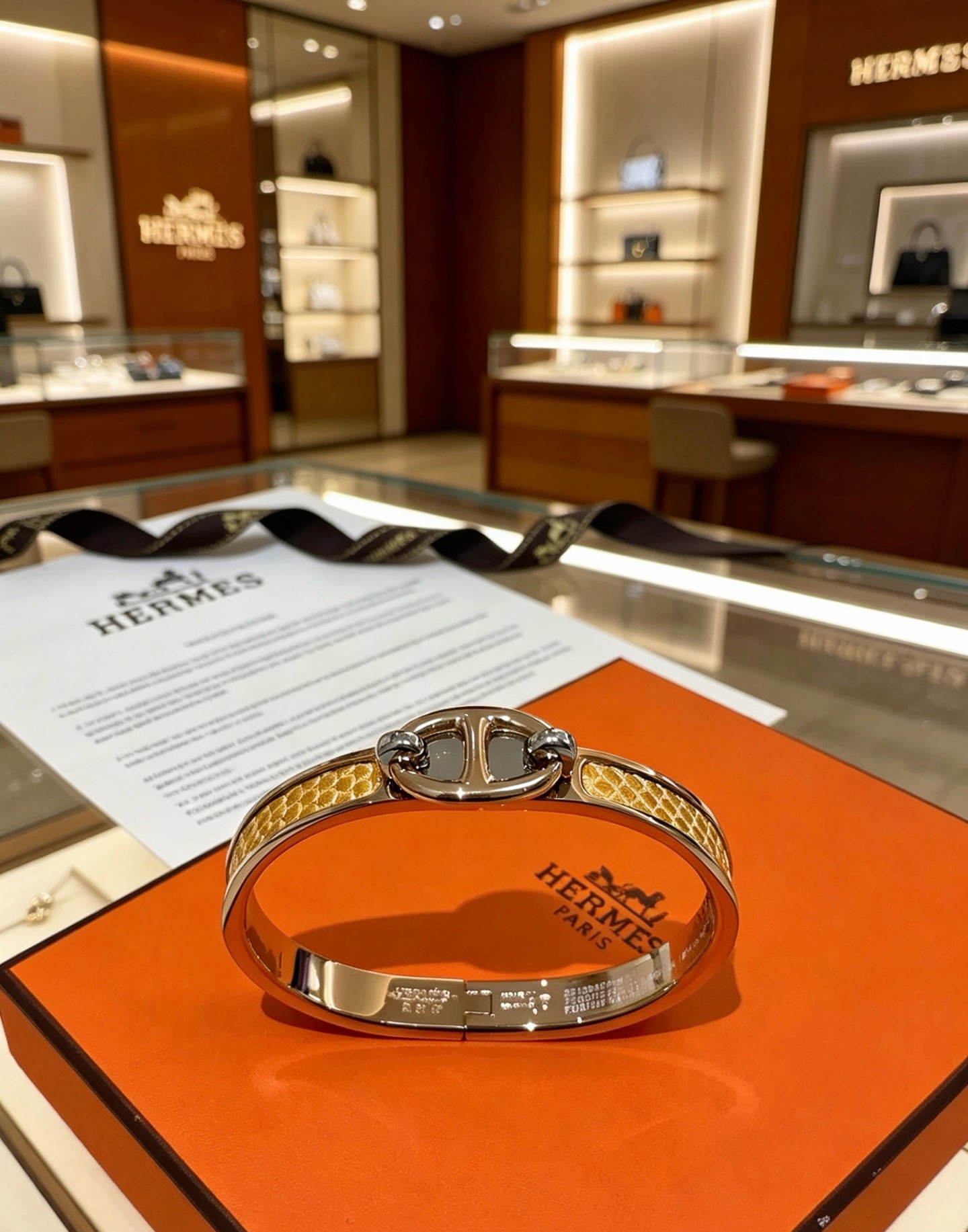 Hermes Clic Chaine d Ancre Farandole bracelet Rose gold metal with yellow lizard leather inlay silver-tone hardware accents 17cm