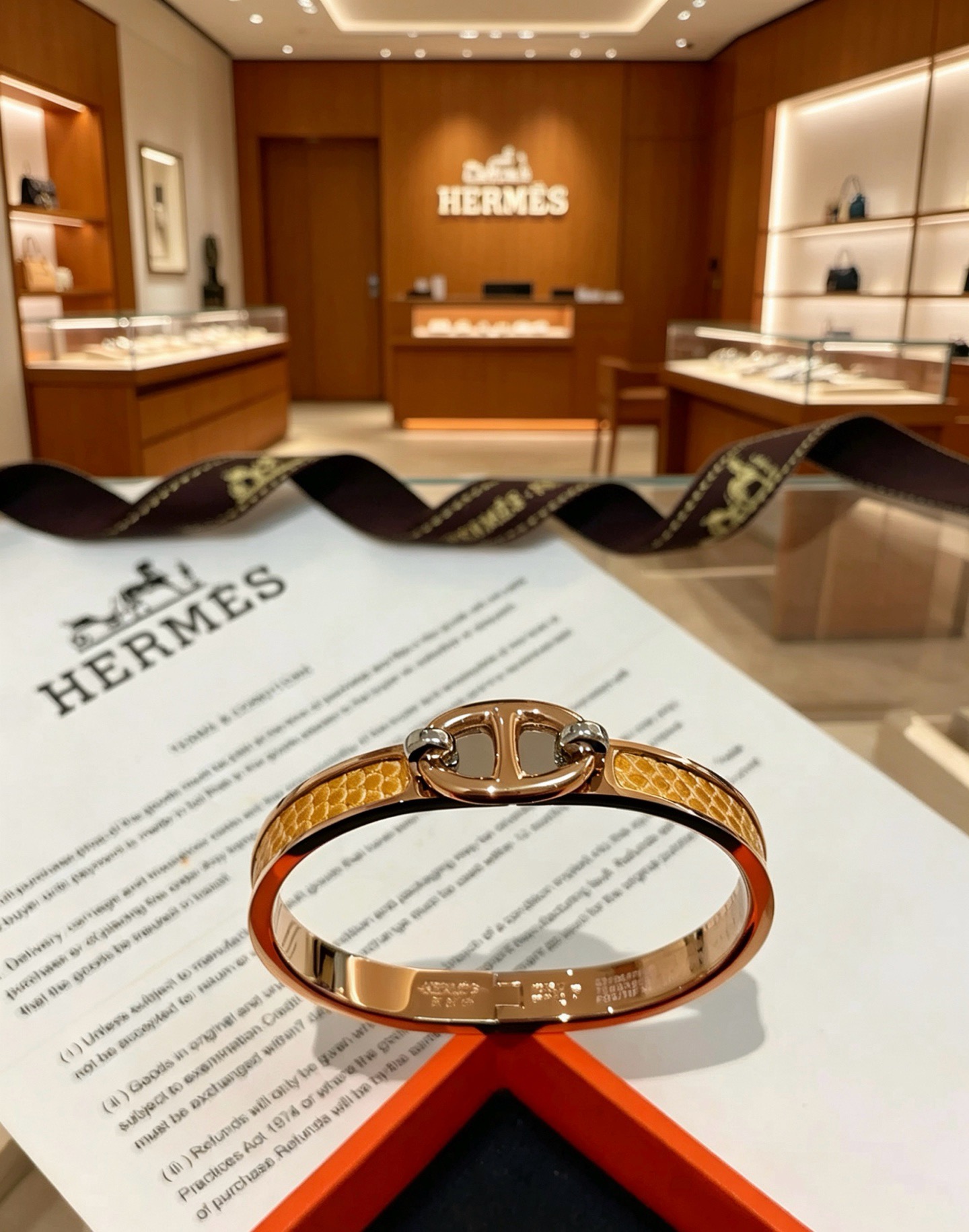 Hermes Clic Chaine d Ancre Farandole bracelet Rose gold metal with yellow lizard leather inlay silver-tone hardware accents 17cm
