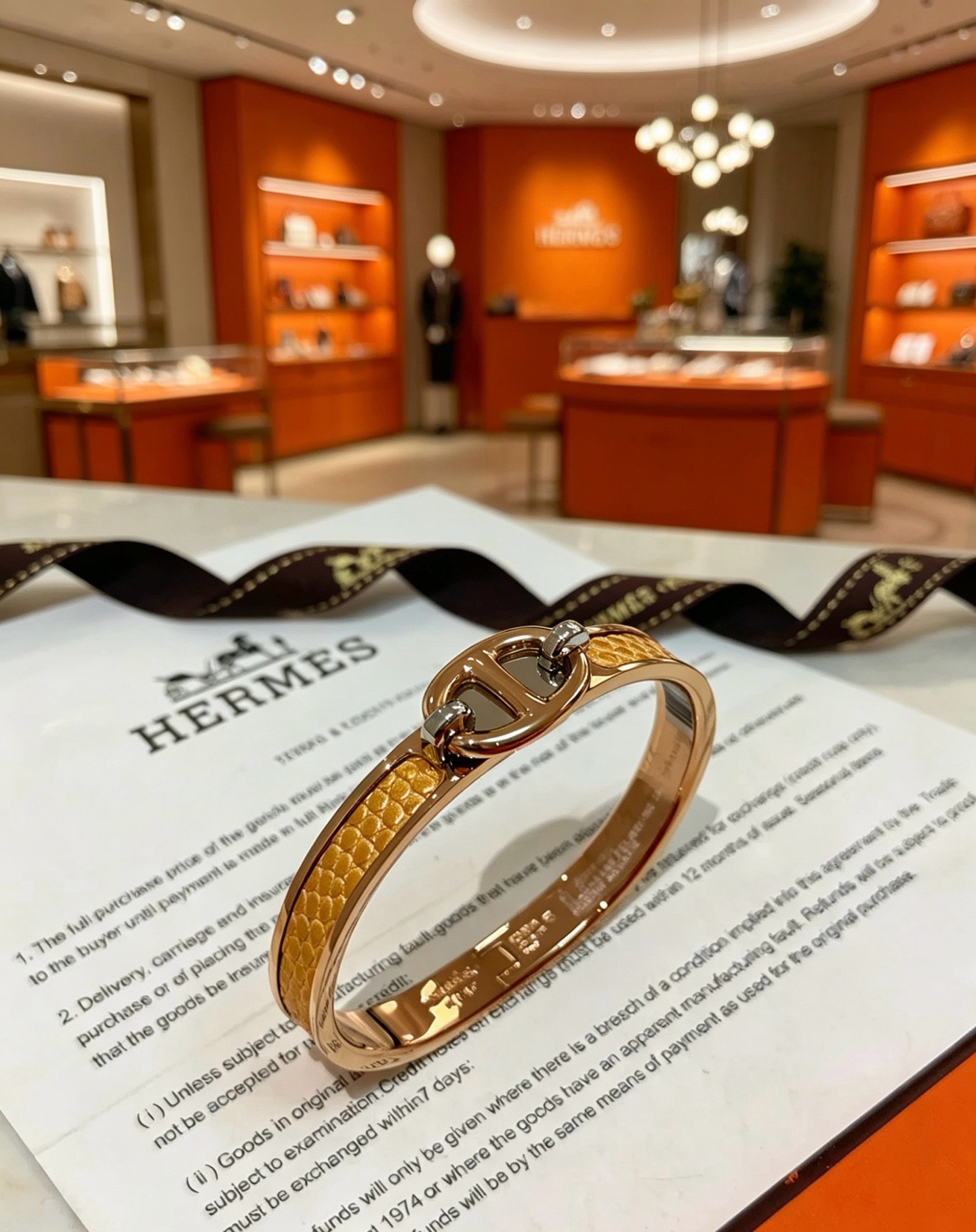 Hermes Clic Chaine d Ancre Farandole bracelet Rose gold metal with yellow lizard leather inlay silver-tone hardware accents 17cm