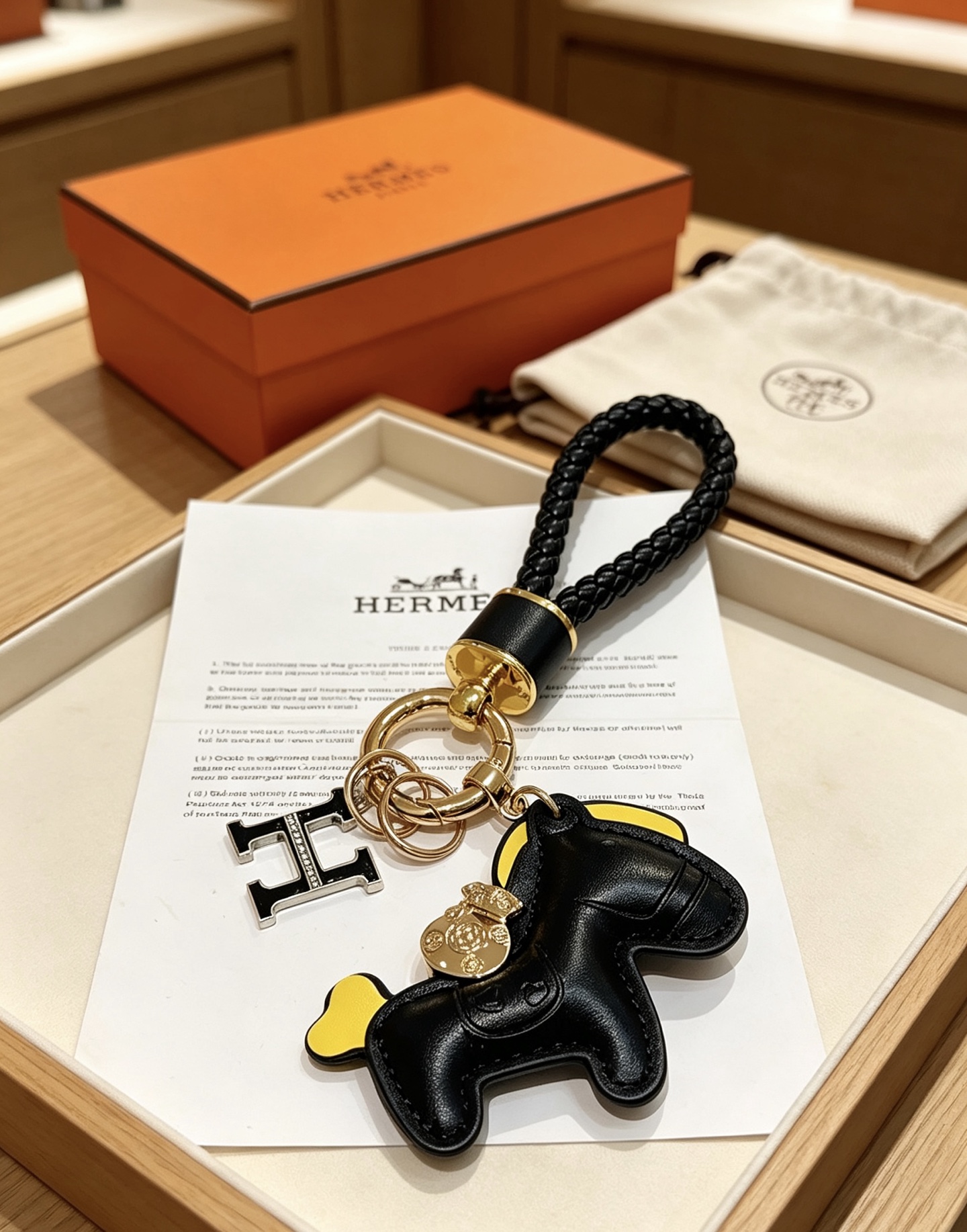 Hermes Rodeo Pony H logotipo trançado chaveiro pingente couro preto amarelo acento dourado metal preto esmalte H charme 12 cm comprimento total