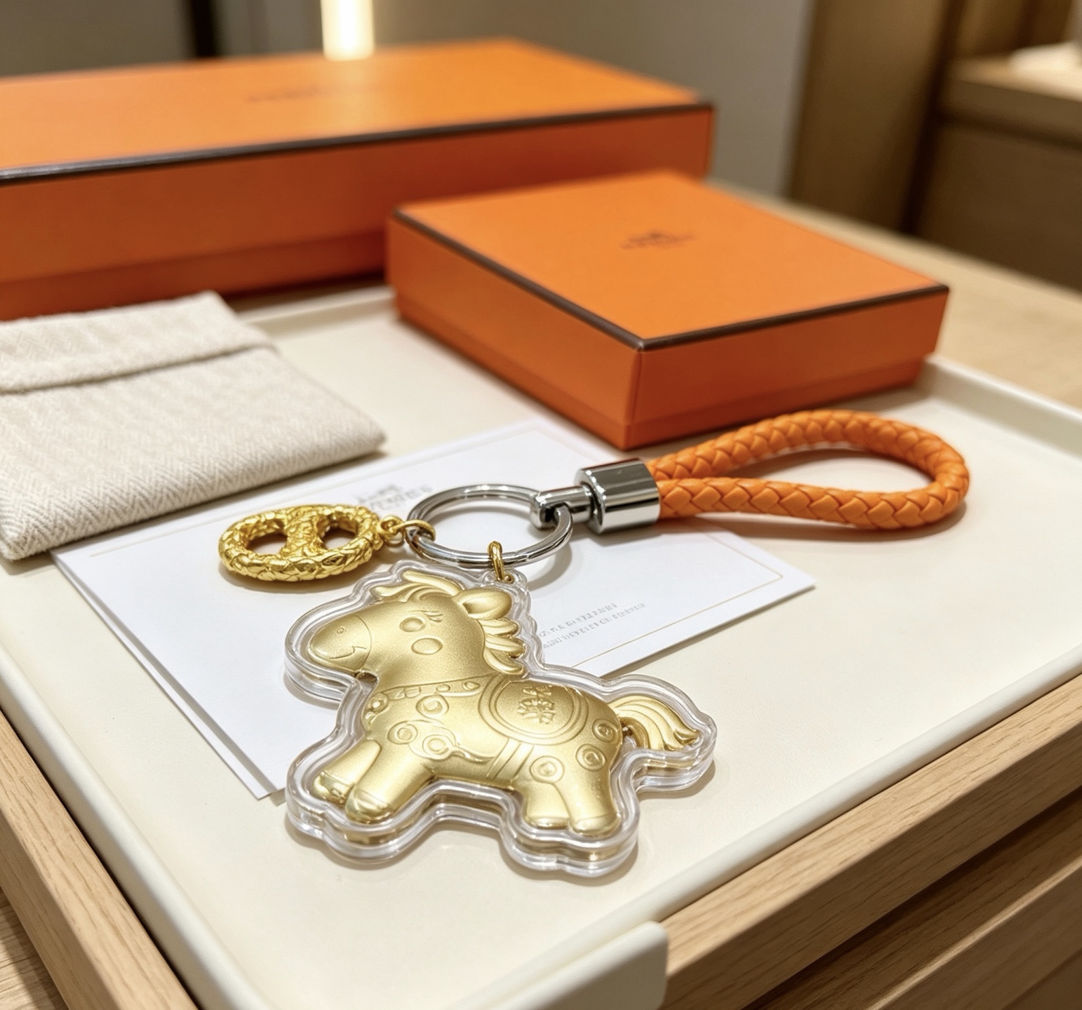 Hermes Lucky Horse Charm Porte-clés pendentif Métal doré Cuir tressé orange Quincaillerie argentée Longueur totale 12 cm