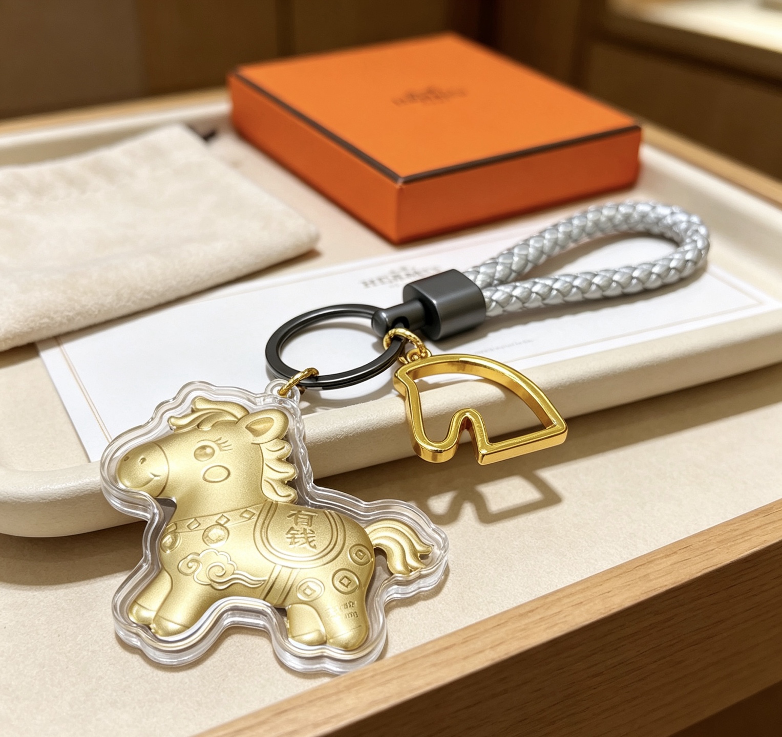 Hermes Cheval Horse Charm Porte-clés pendentif Breloque cheval en or mat accent de tête de cheval doré bracelet en cuir tressé argenté matériel noir en bronze à canon couvercle de charme de protection transparent 12 cm poignet tressé