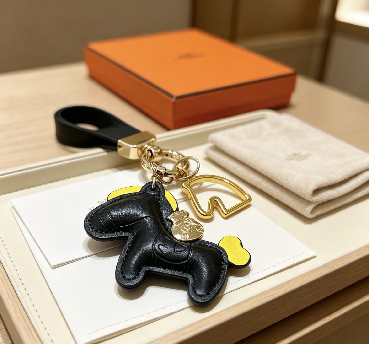 Hermes Rodeo Horse Money Bag Charm Porte-clés pendentif Cuir noir avec accents jaunes Quincaillerie en métal doré Longueur totale 12 cm