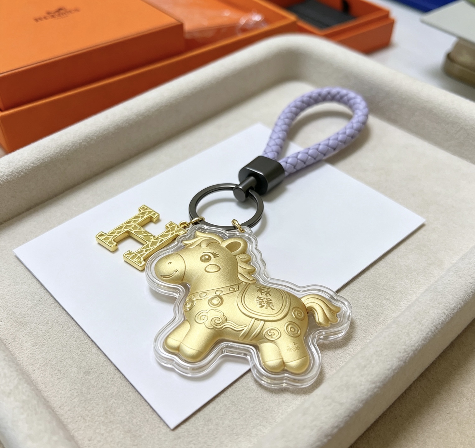 Hermes H Logo Lucky Horse Charm Keychain pendant matte gold metal lavender braided leather gunmetal hardware clear protective casing 12cm total length