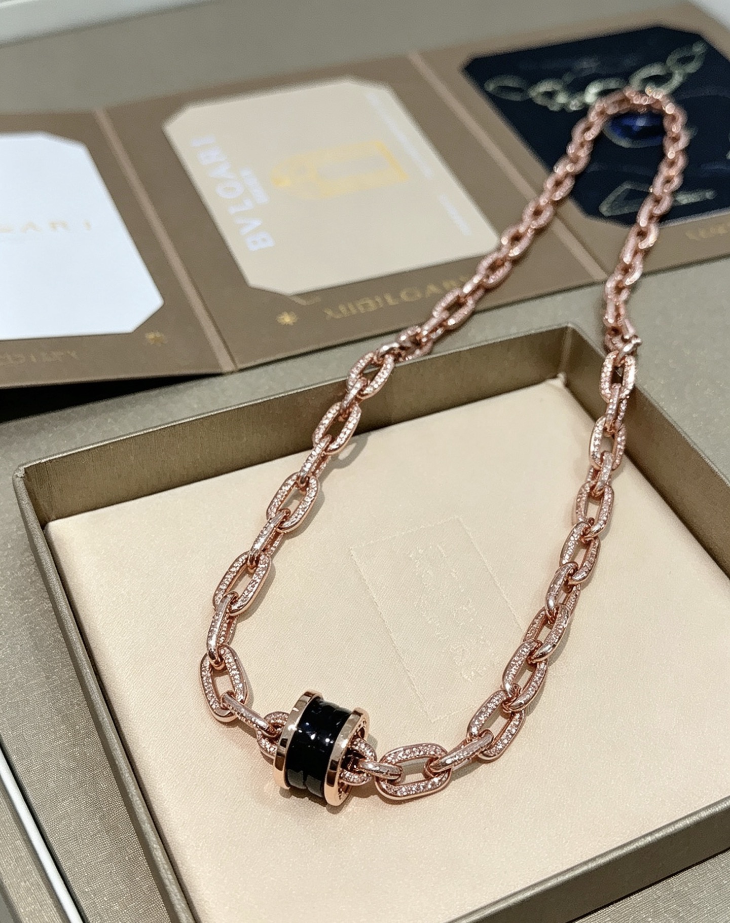 Bvlgari B zero1 necklace Rose gold with clear pave diamonds black ceramic and blue ceramic variant 60