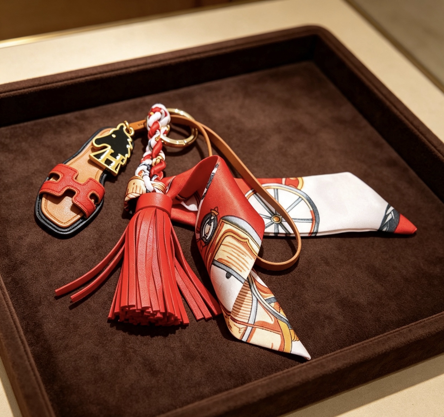 Hermes Oran Sandal Tassel Twilly Bag Charm pendant Gold-tone metal tan leather red leather black enamel white red multicolor printed silk 12cm total length