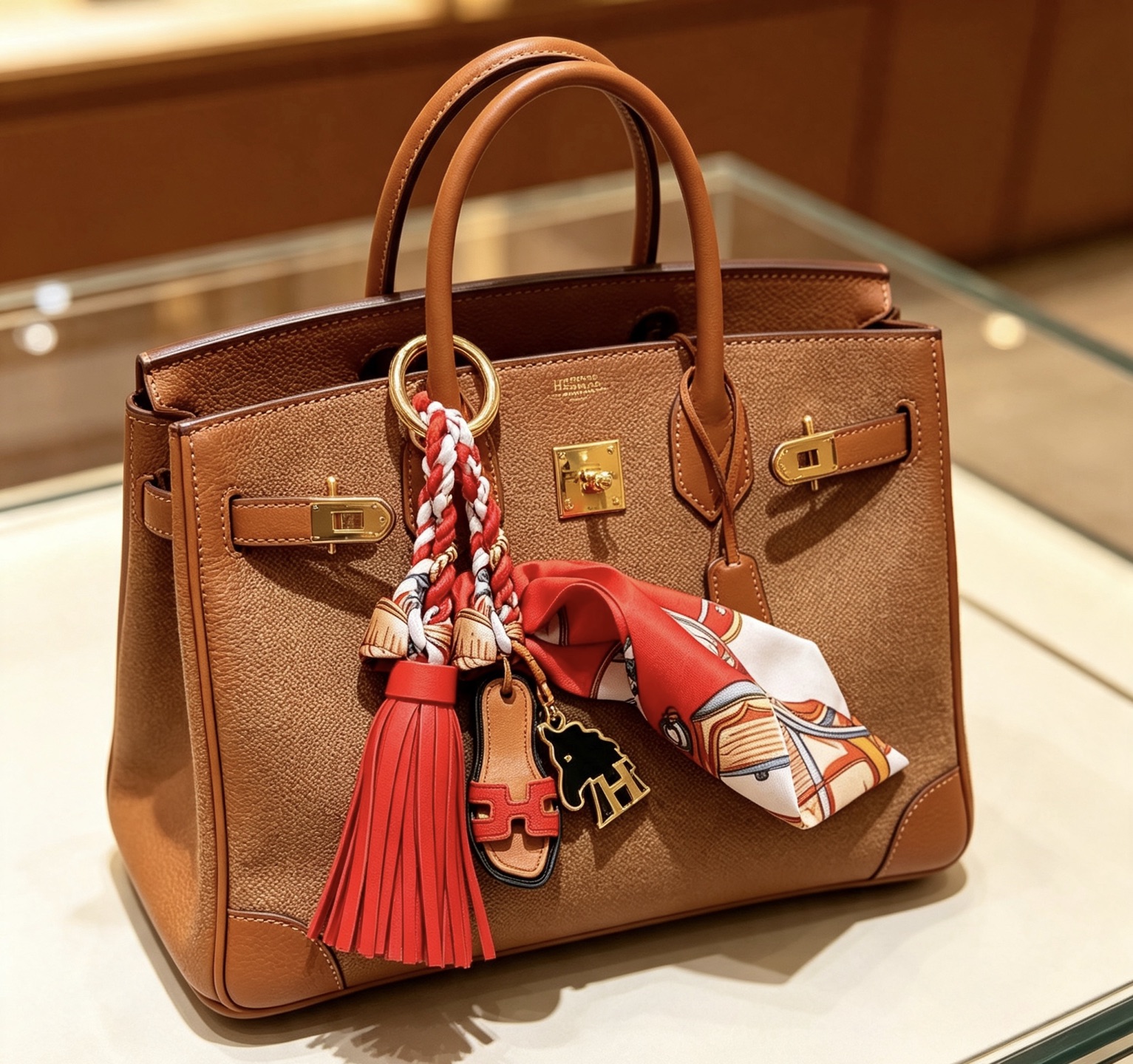 Hermes Oran Sandal Tassel Twilly Bag Charm pendant Gold-tone metal tan leather red leather black enamel white red multicolor printed silk 12cm total length