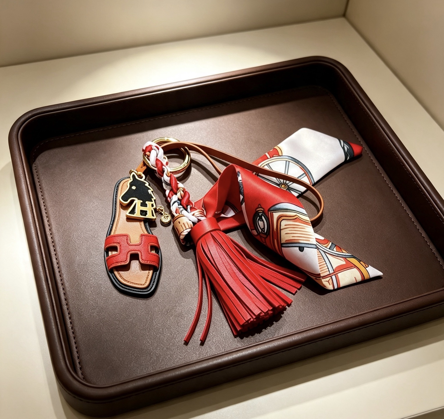 Hermes Oran Sandal Tassel Twilly Bag Charm pendant Gold-tone metal tan leather red leather black enamel white red multicolor printed silk 12cm total length