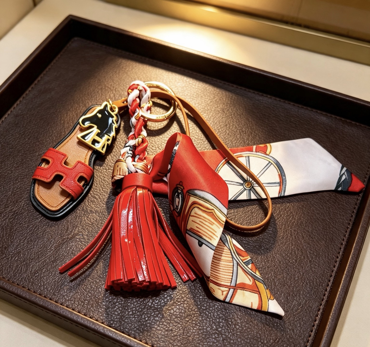 Hermes Oran Sandal Tassel Twilly Bag Charm pendant Gold-tone metal tan leather red leather black enamel white red multicolor printed silk 12cm total length