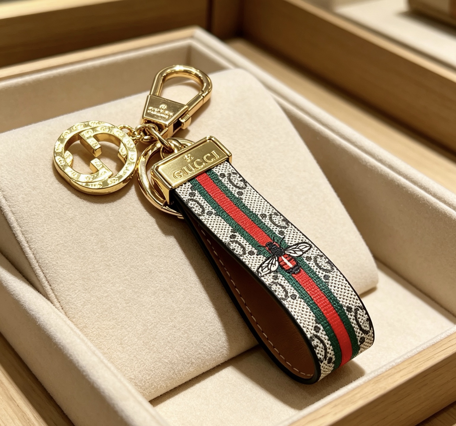 Gucci Anger Forest Bee Web GG Keychain pendant Gold-tone metal beige GG Supreme canvas with red and green web stripe brown leather backing multicolor bee motif 10cm strap length