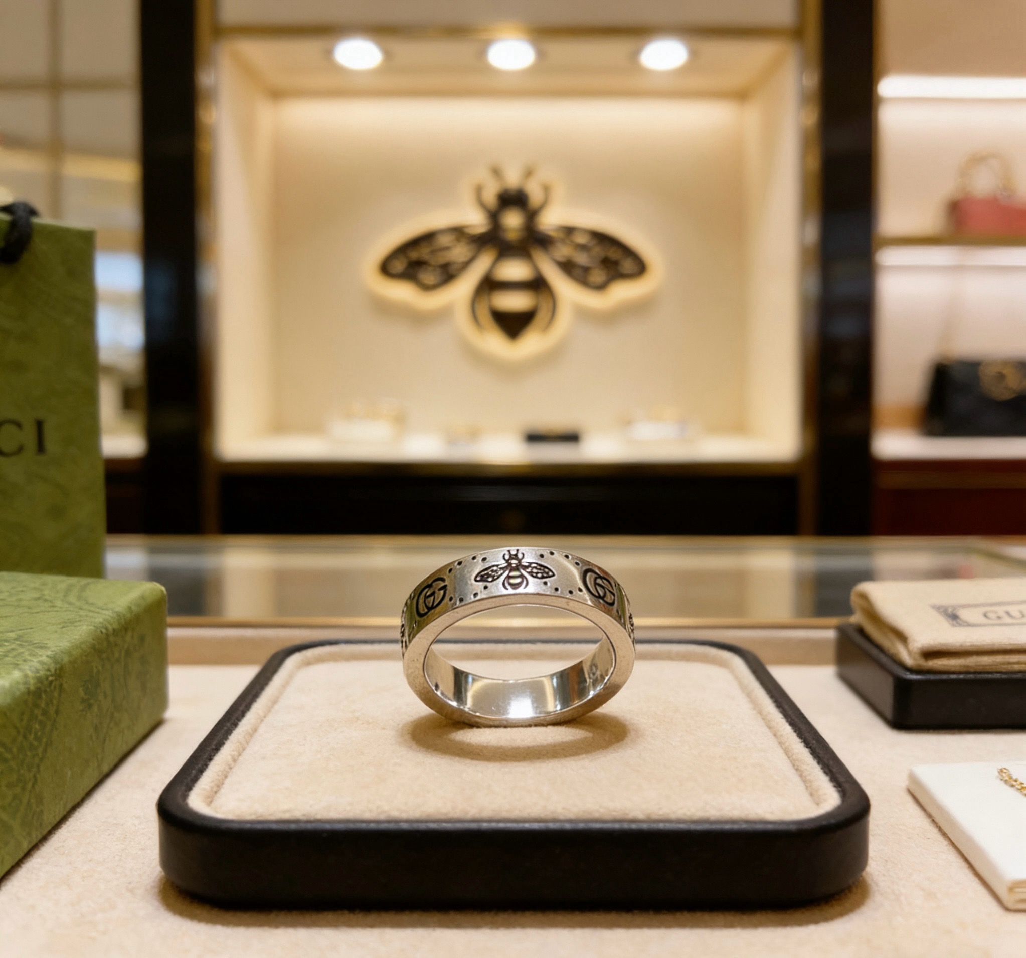 Gucci Anger Forest Bee Double G ring aged silver with black engraved details 19