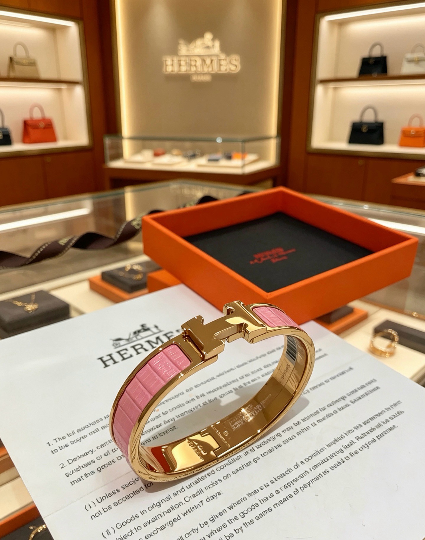 Bracciale Hermes Clic H Metallo oro rosa con inserto in rilievo coccodrillo rosa PM