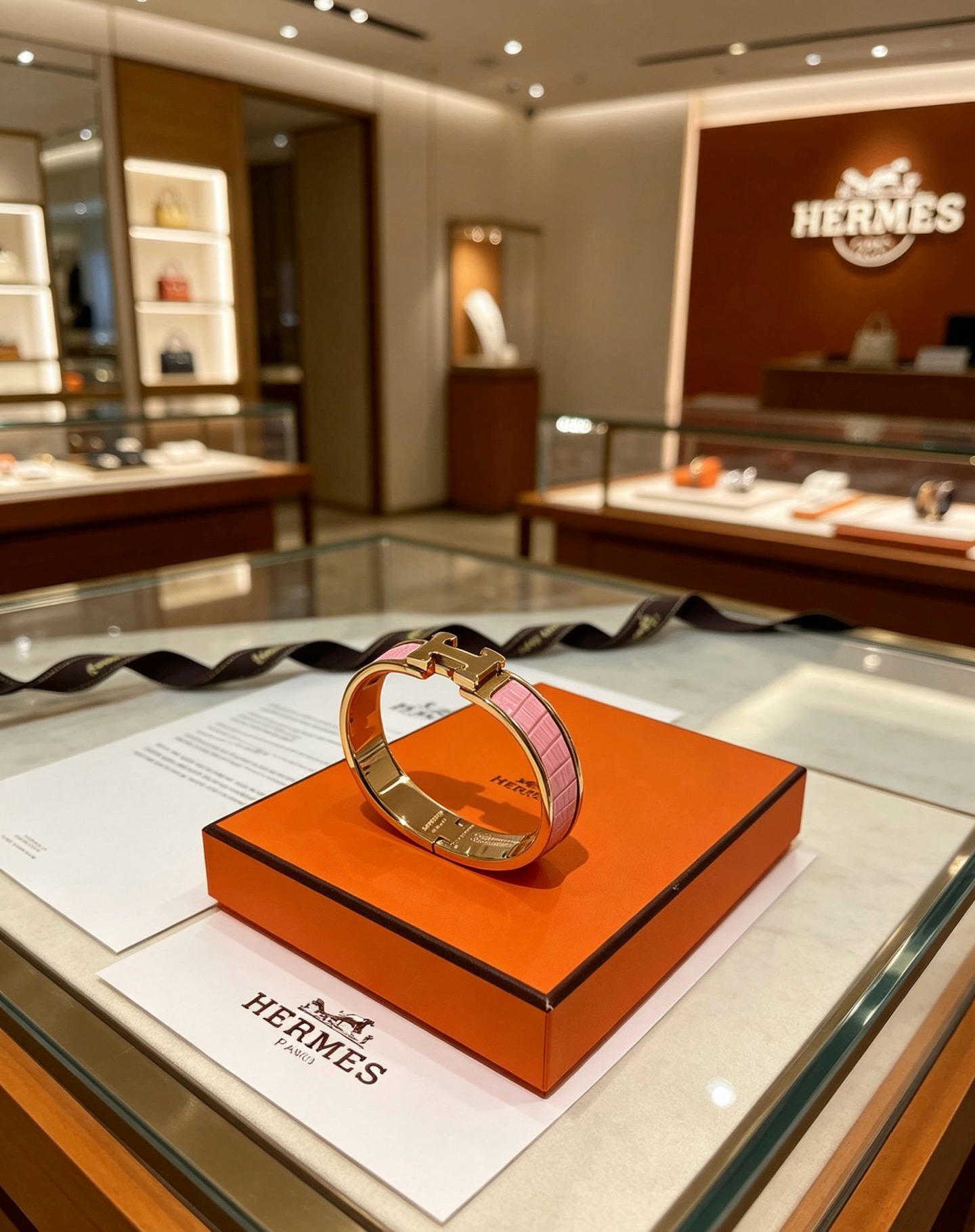 Bracciale Hermes Clic H Metallo oro rosa con inserto in rilievo coccodrillo rosa PM