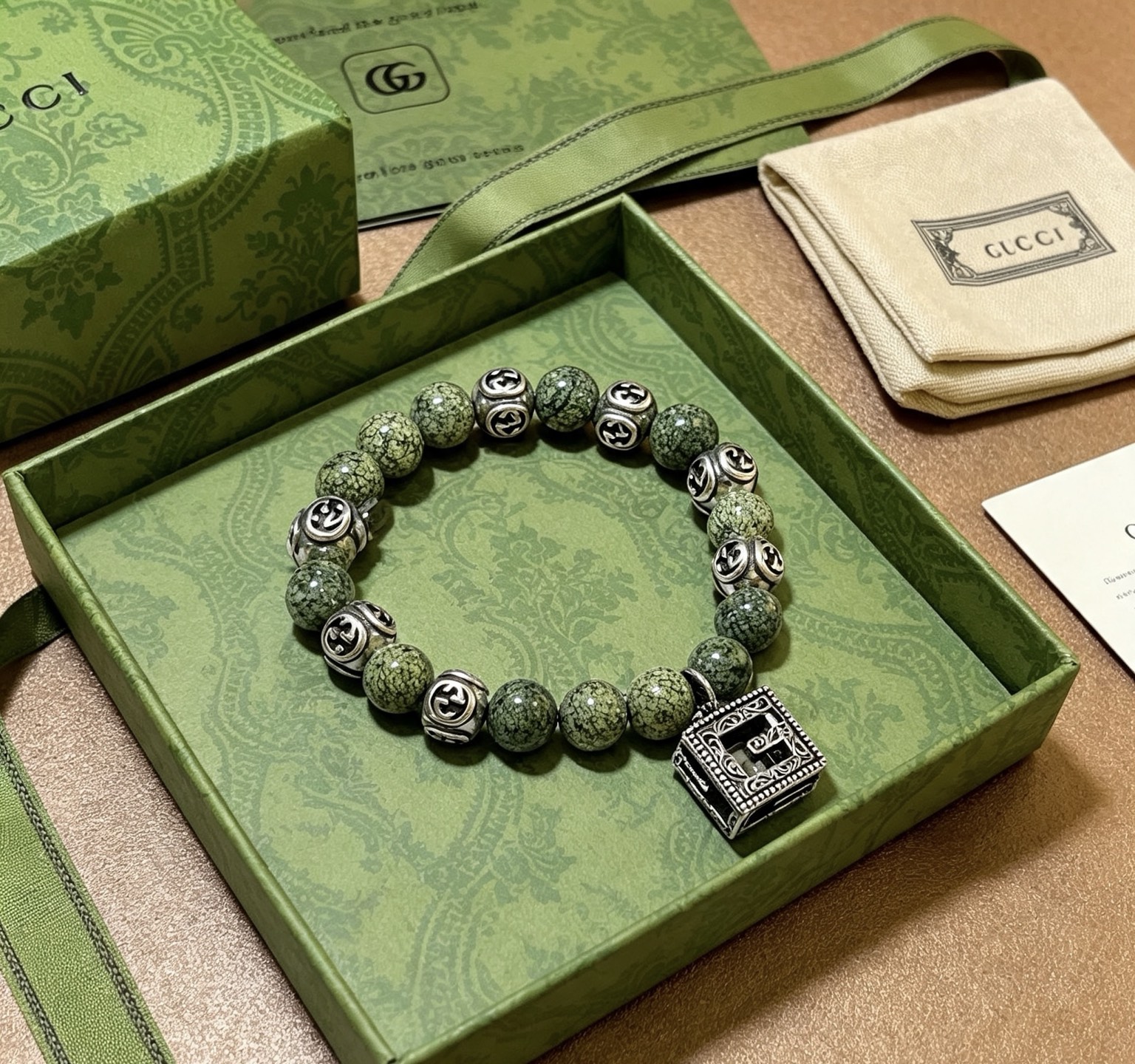 Gucci Anger Forest bracelet Aged silver metal with green serpentine stone beads 18cm