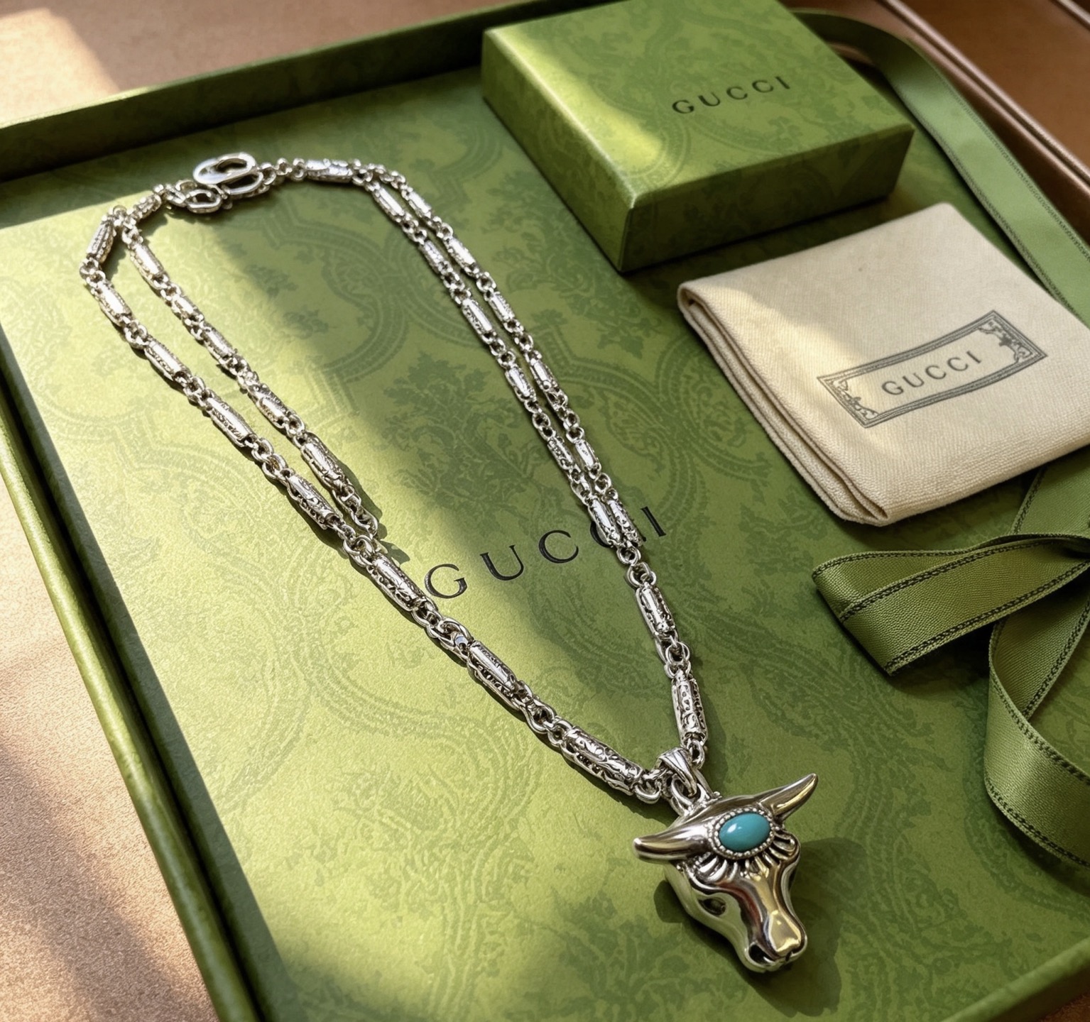 Gucci Anger Forest Bull Head Pendant necklace Aged silver metal with turquoise blue stone accent 60cm