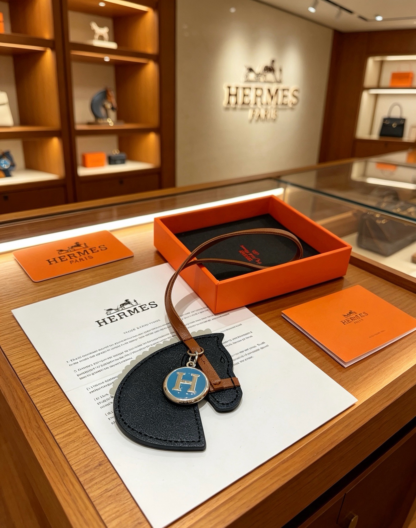Hermes Cheval Horse Head Bag Charm with H Logo Medallion pendant Black tan light gray leather with silver-tone metal and blue enamel H logo 12cm leather strap length