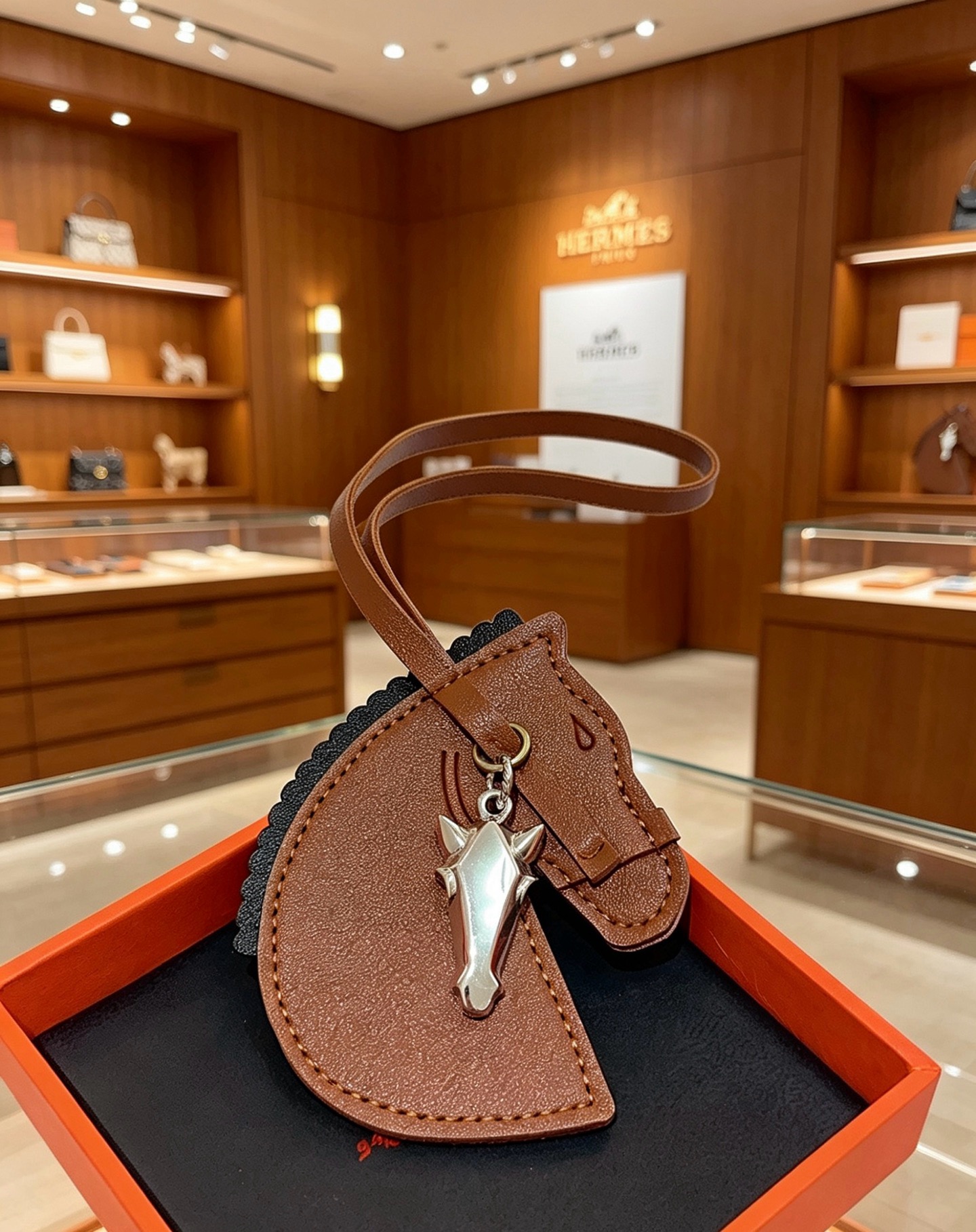 Hermes Geegee Horse Head Bag Charm pendentif Cuir marron avec bordure noire Quincaillerie en métal argenté Longueur du bracelet 12 cm