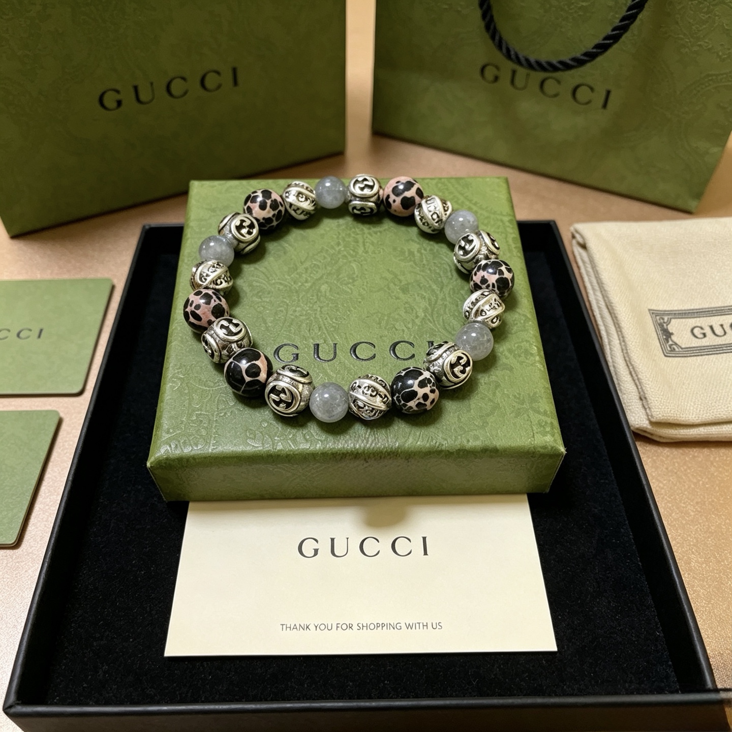 Gucci Anger Forest Beaded Bracelet bracelet Aged silver metal black and pink patterned resin beads gray natural stone beads 18cm