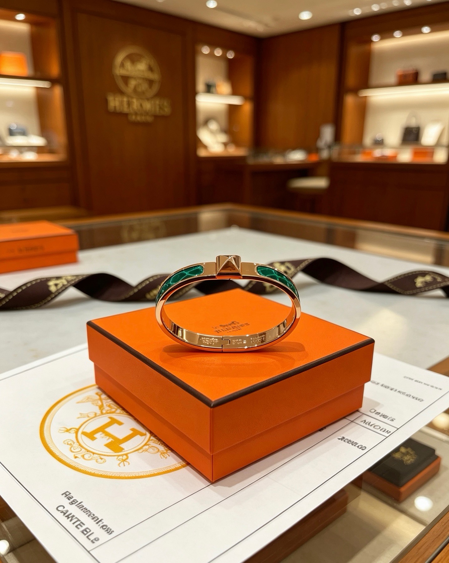 Bracelet Hermes Clic Clac H métal doré rose et émail motif malachite verte 17cm