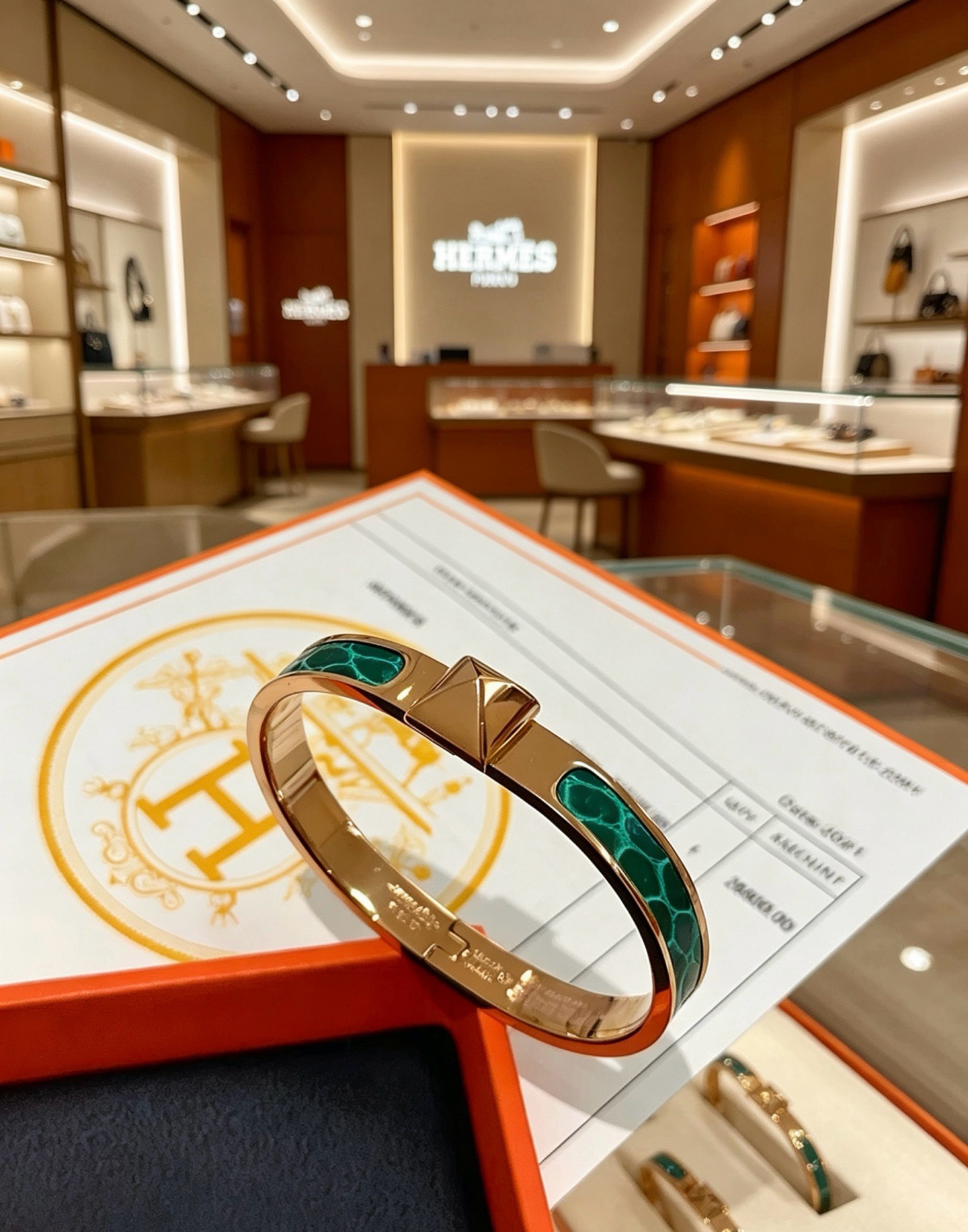 Bracelet Hermes Clic Clac H métal doré rose et émail motif malachite verte 17cm