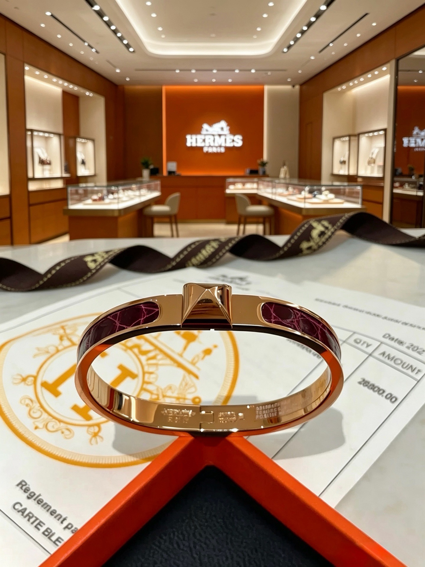 Hermes Clic Clac H Mini Clous bracelet Rose gold plated metal with burgundy crocodile pattern enamel PM