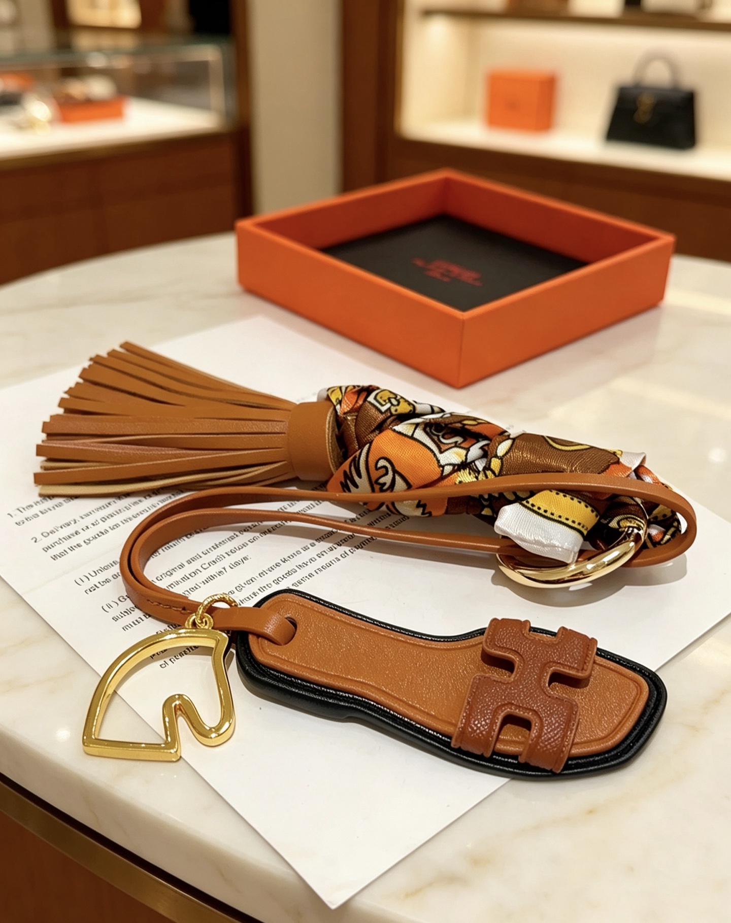 Hermes Oran Sandal Tassel Bag Charm pendant Gold-tone metal tan calfskin leather black edge trim multicolor printed silk twill 12cm total length