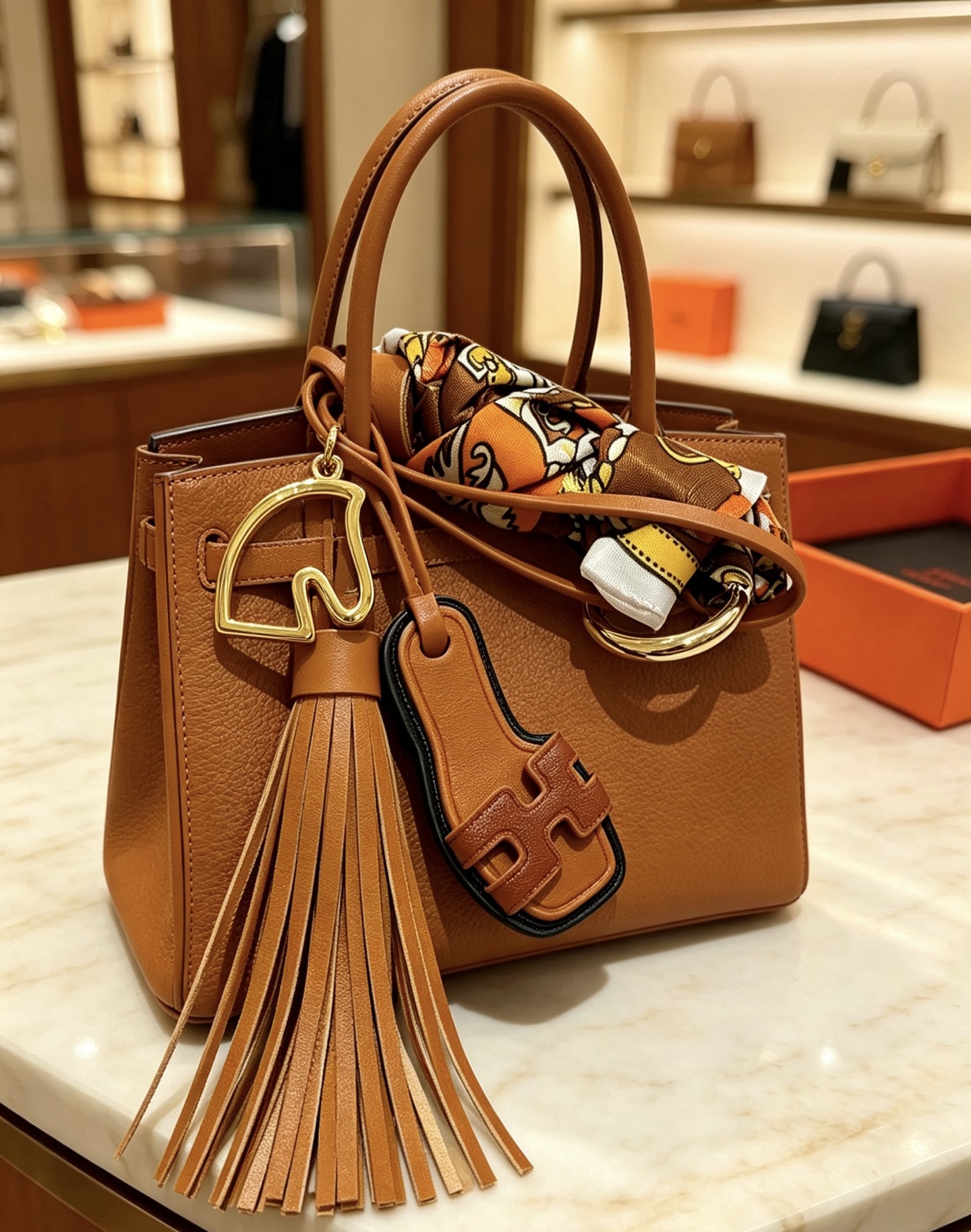 Hermes Oran Sandal Tassel Bag Charm pendant Gold-tone metal tan calfskin leather black edge trim multicolor printed silk twill 12cm total length
