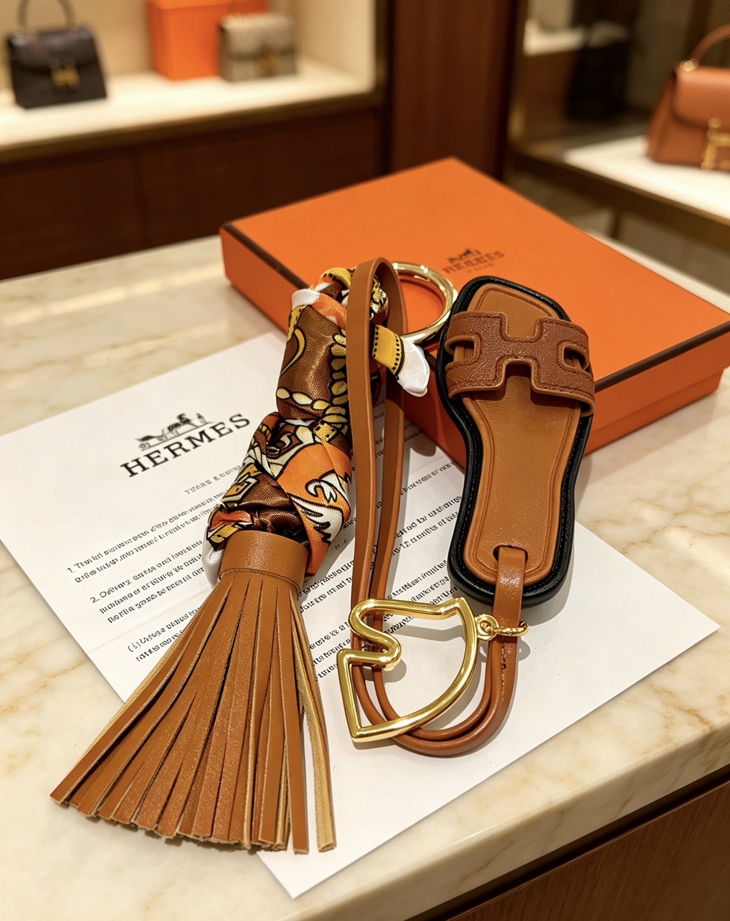 Hermes Oran Sandal Tassel Bag Charm pendant Gold-tone metal tan calfskin leather black edge trim multicolor printed silk twill 12cm total length