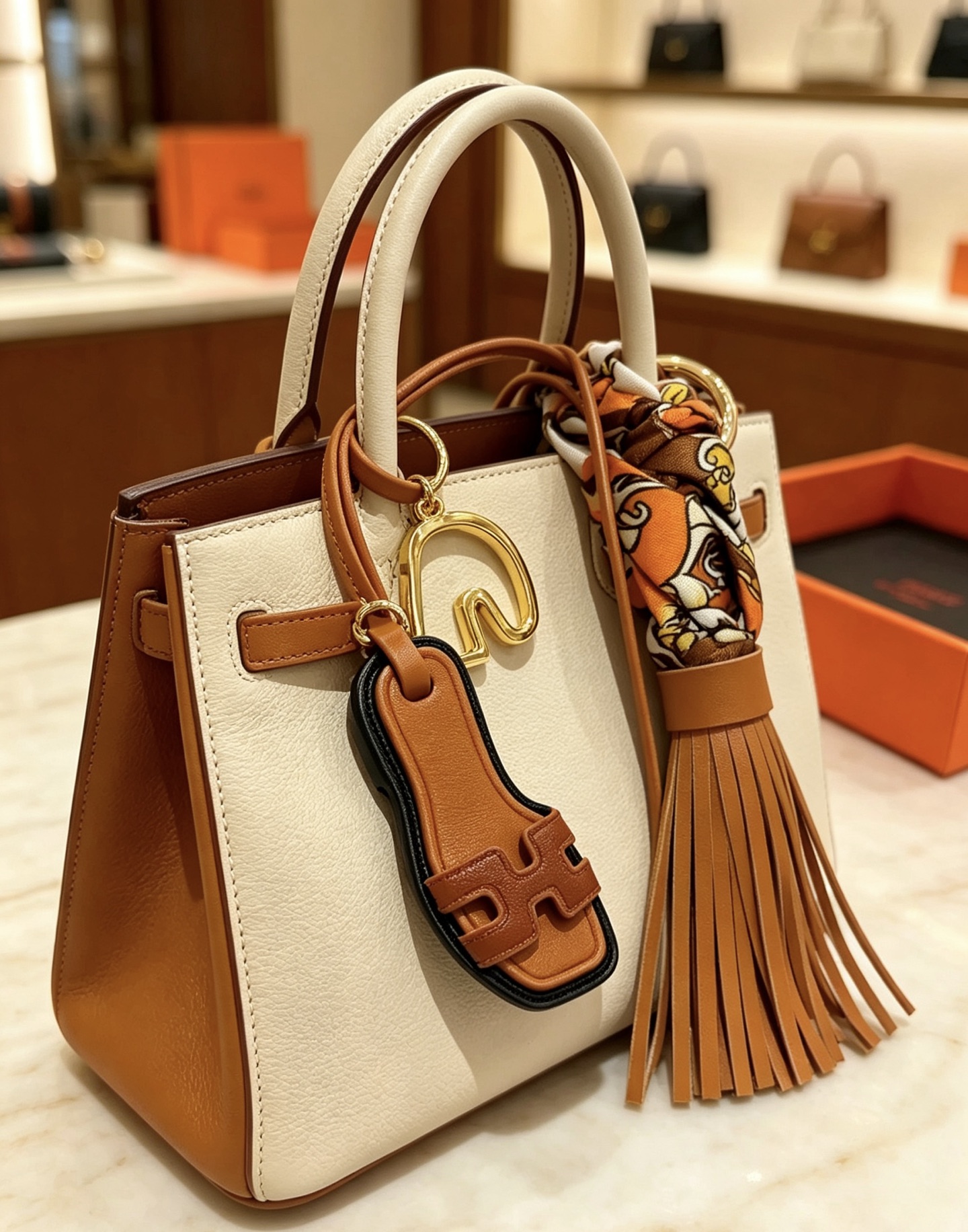 Hermes Oran Sandal Tassel Bag Charm pendant Gold-tone metal tan calfskin leather black edge trim multicolor printed silk twill 12cm total length