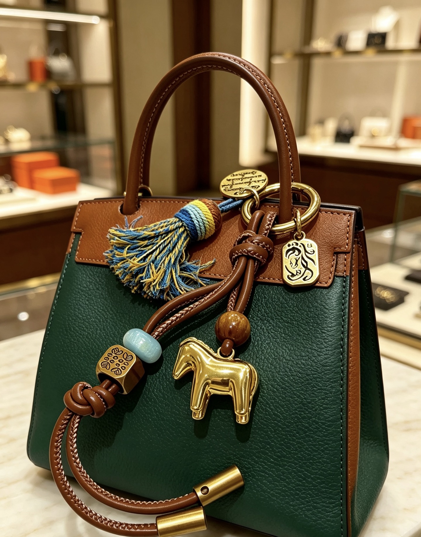 Hermes Caballo Borla Bolsa Encanto Llavero colgante tono dorado metal cuero marrón borla multicolor cuenta azul claro cuenta de madera marrón 12 cm de longitud total